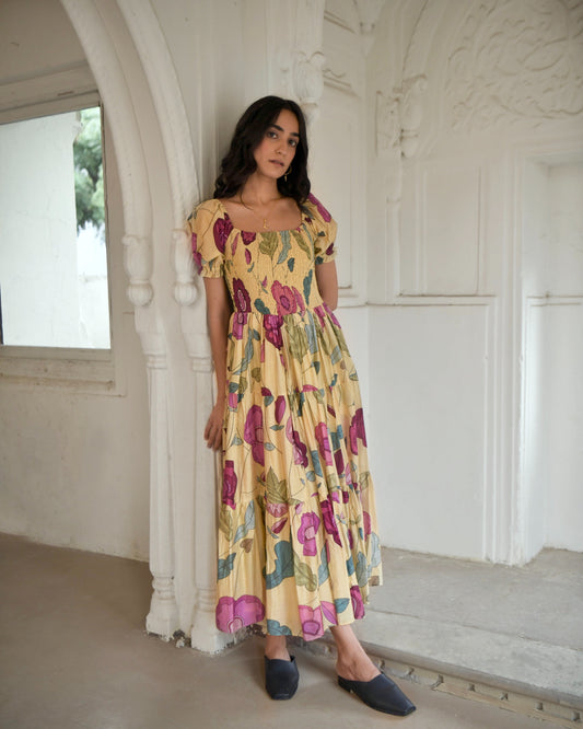 Yellow Printed Maxi Dress by Taro with Azo Free Dyes, Best Selling, Chanderi Silk, FB ADS JUNE, Festive Wear, Garden of Dreams by Taro, Garden of Dreams by The Loom Art, July Sale, July Sale 2023, Maxi Dresses, Prints, Tiered Dresses, Womenswear, Yellow at Kamakhyaa for sustainable fashion