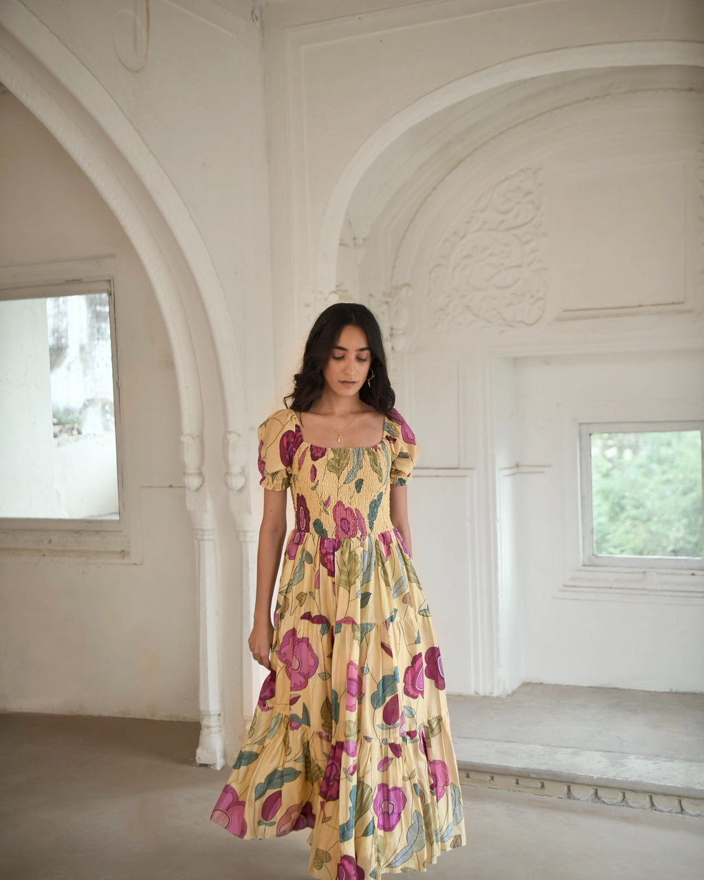 Yellow Printed Maxi Dress by Taro with Azo Free Dyes, Best Selling, Chanderi Silk, FB ADS JUNE, Festive Wear, Garden of Dreams by Taro, Garden of Dreams by The Loom Art, July Sale, July Sale 2023, Maxi Dresses, Prints, Tiered Dresses, Womenswear, Yellow at Kamakhyaa for sustainable fashion