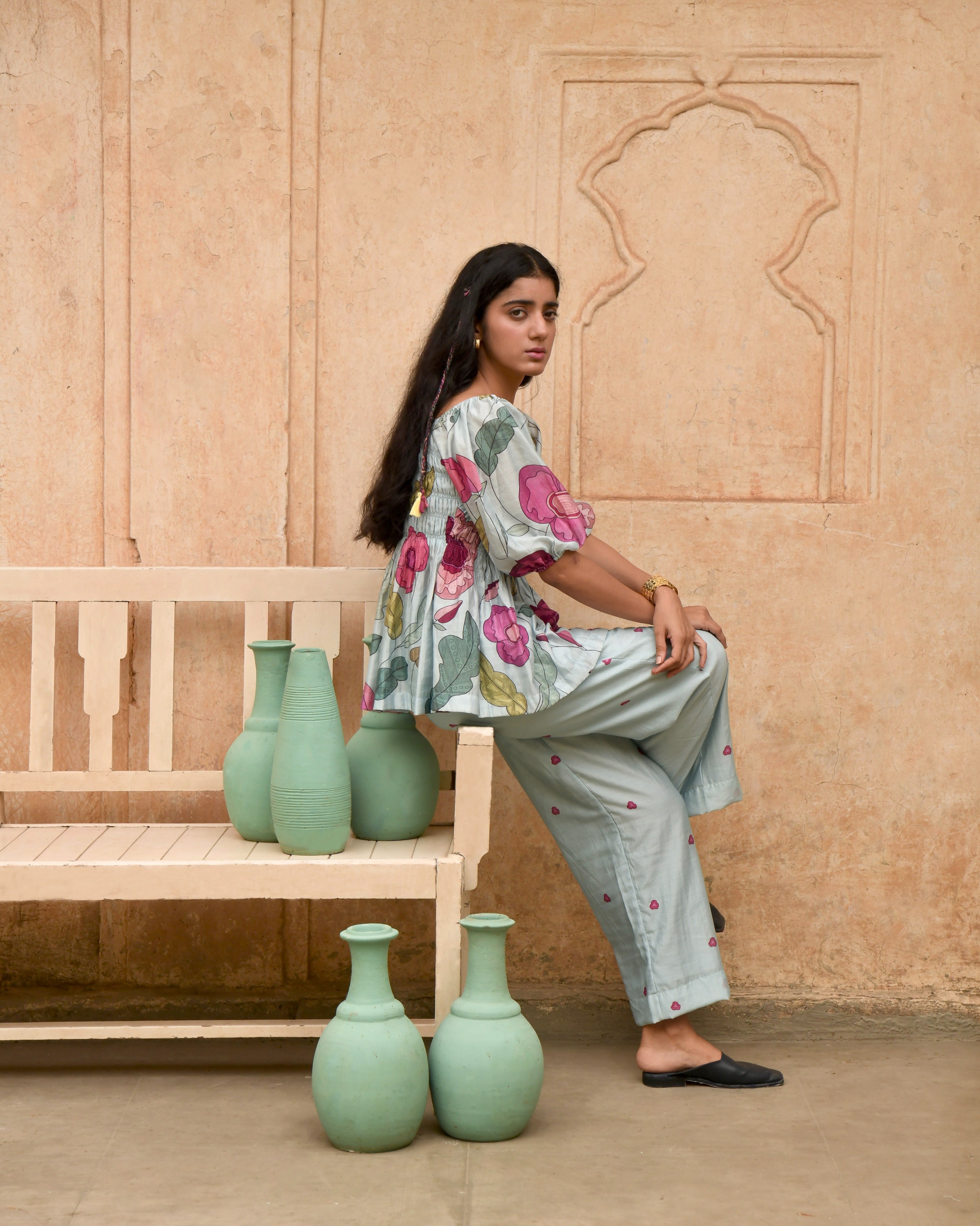 Blue Printed Pant by Taro with Azo Free Dyes, Best Selling, Blue, Casual Wear, Chanderi Silk, Garden of Dreams by Taro, Garden of Dreams by The Loom Art, July Sale, July Sale 2023, Pants, Prints, Regular Fit, Womenswear at Kamakhyaa for sustainable fashion