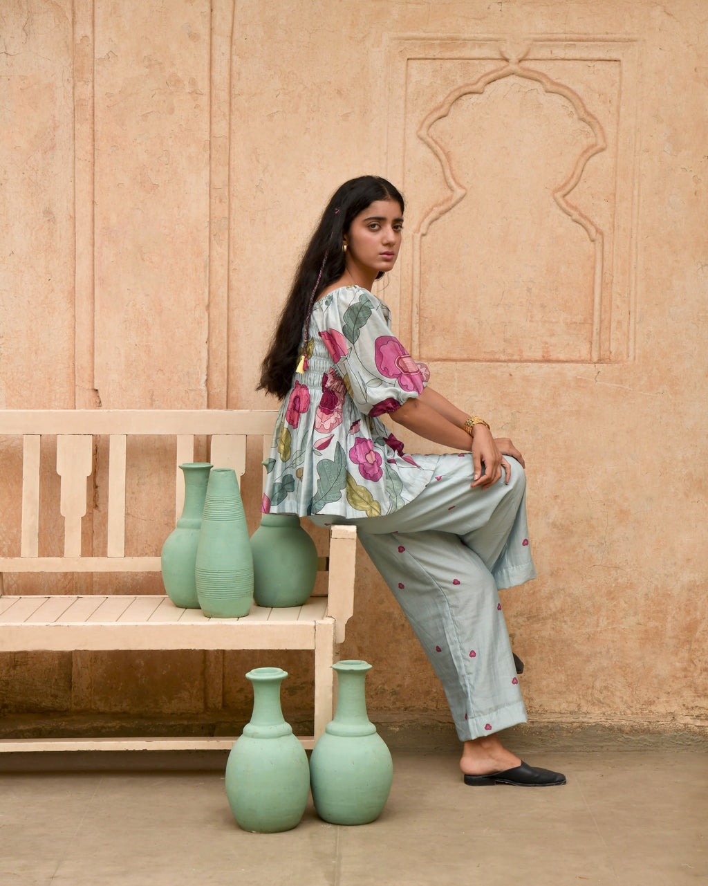 Blue Peplum Top by Taro with Azo Free Dyes, Best Selling, Blue, Casual Wear, Chanderi Silk, Crop Tops, Garden of Dreams by Taro, Garden of Dreams by The Loom Art, July Sale, July Sale 2023, Peplum Tops, Prints, Womenswear at Kamakhyaa for sustainable fashion