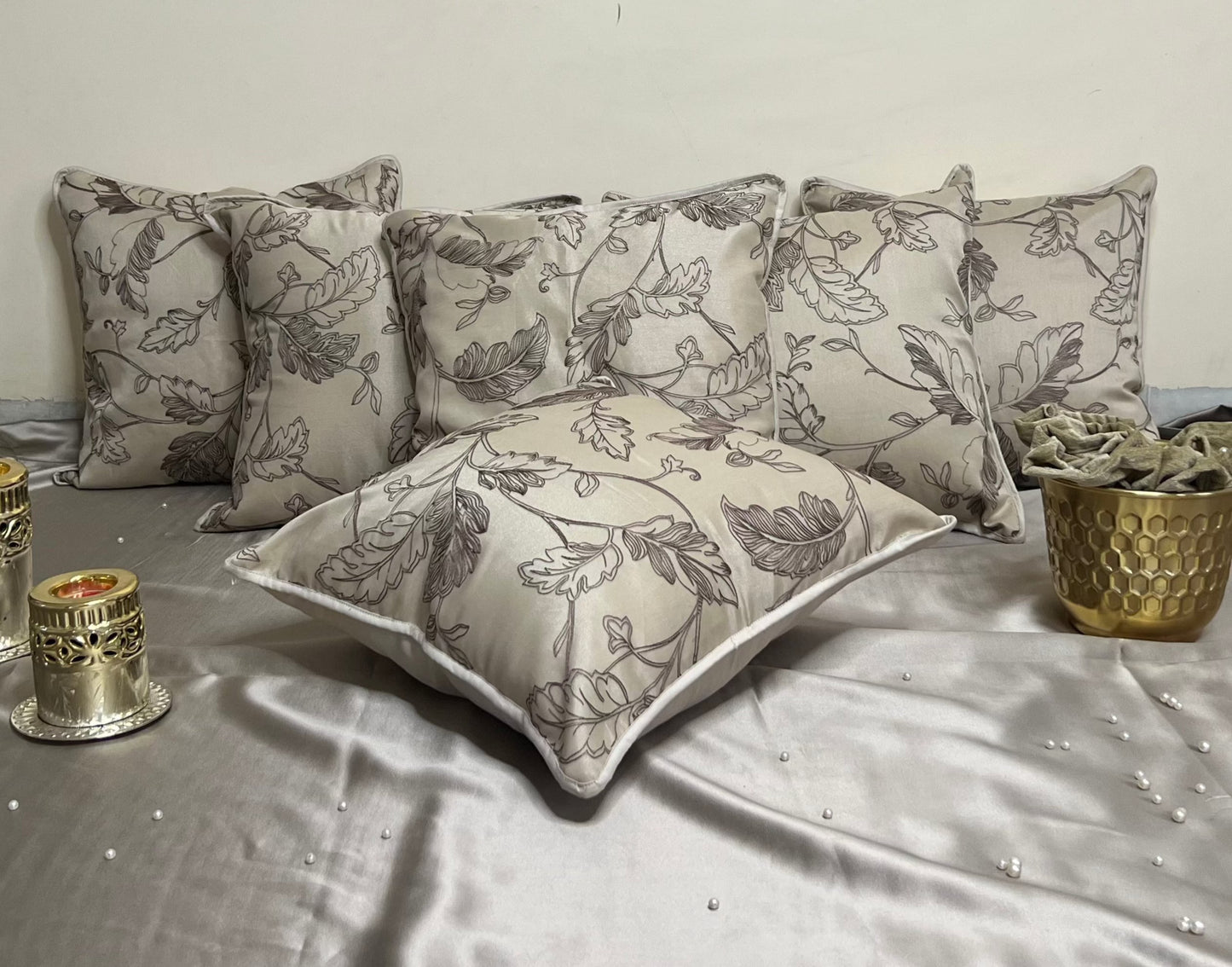 Enchanted Leaf by Aetherea with Beige, Cotton, Cushion covers, Embroidered, Sheer, Upcycled at Kamakhyaa for sustainable fashion