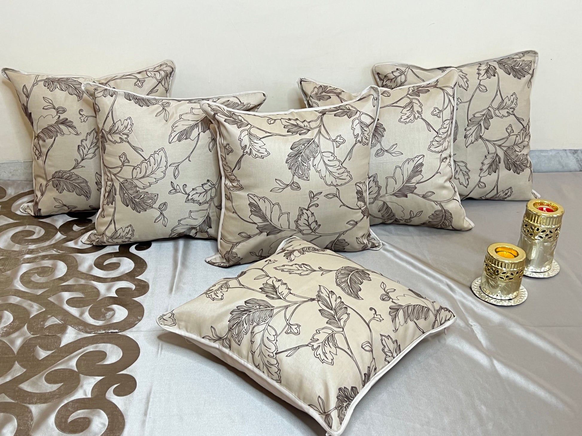 Enchanted Leaf by Aetherea with Beige, Cotton, Cushion covers, Embroidered, Sheer, Upcycled at Kamakhyaa for sustainable fashion