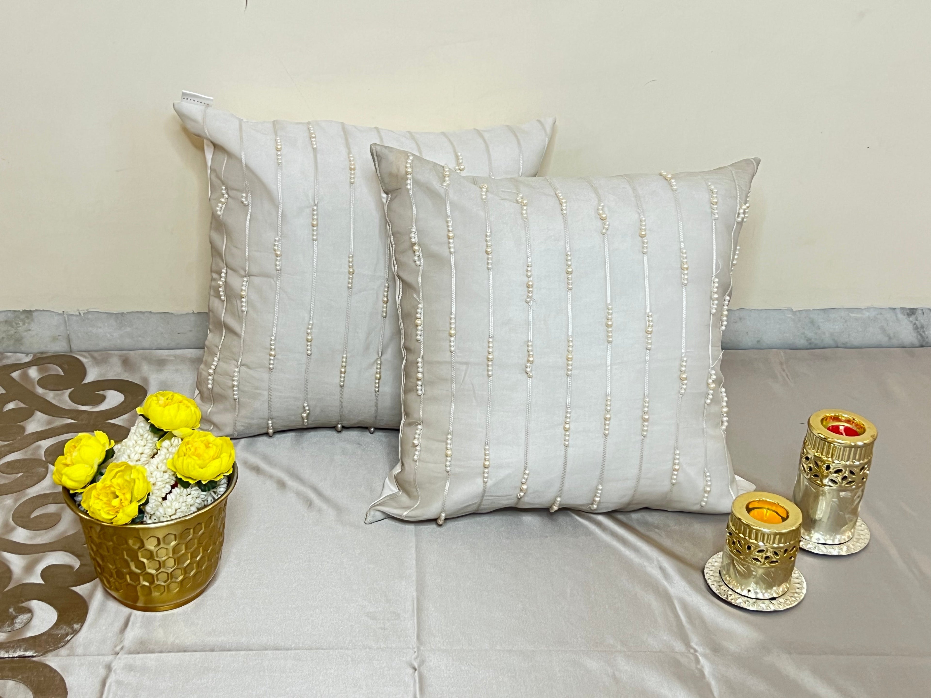 Gleam by Aetherea with 100% Cotton, Cushion covers, Hand Embroidered, ivory, Pearl, Sheer, Upcycled at Kamakhyaa for sustainable fashion