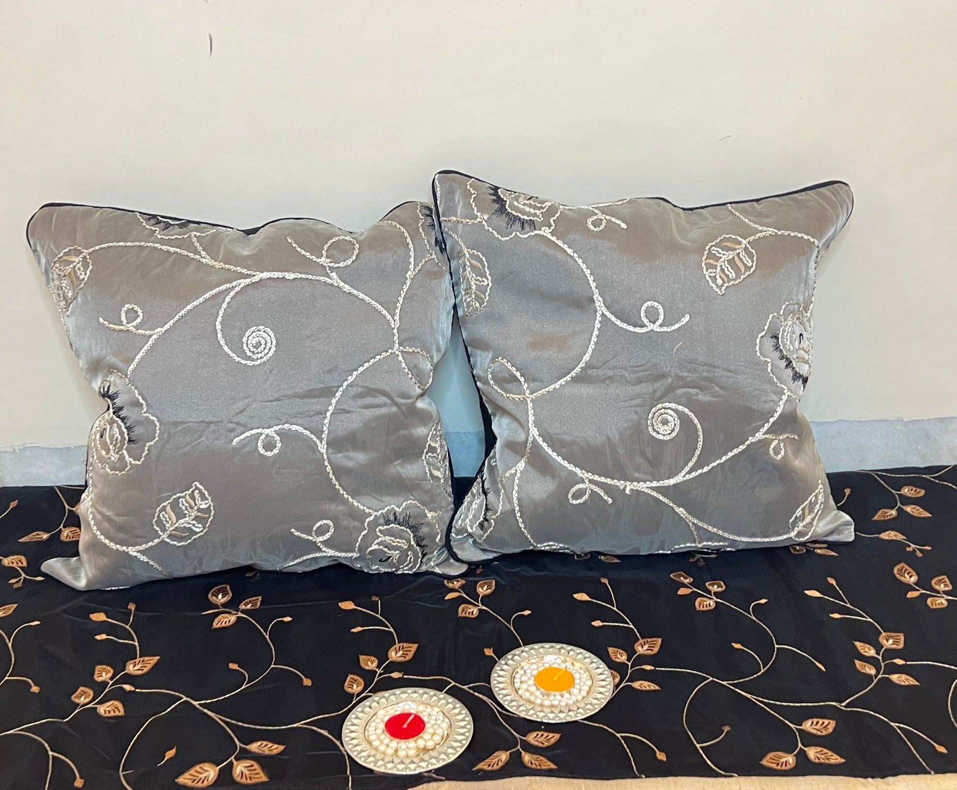 Floral Tapestry by Aetherea with 100% Cotton, Black, Cushion covers, Embroidered, ivory, Piping, Rose, Sheer, Upcycled at Kamakhyaa for sustainable fashion
