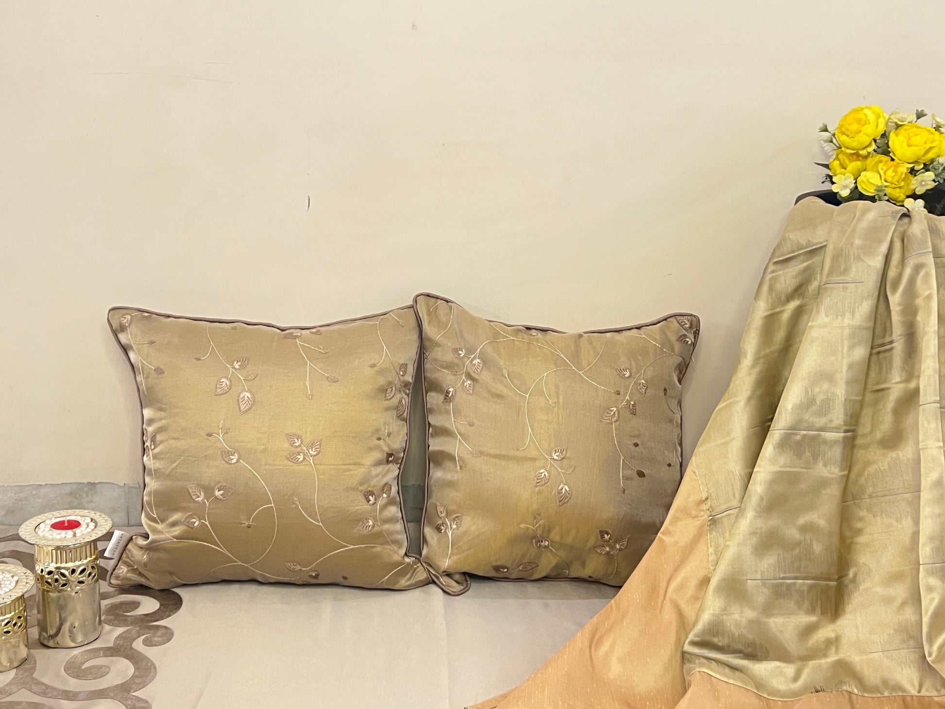 Foliage by Aetherea with Cushion covers, Leaf, Metallic, Satin, Sheer, Upcycled at Kamakhyaa for sustainable fashion