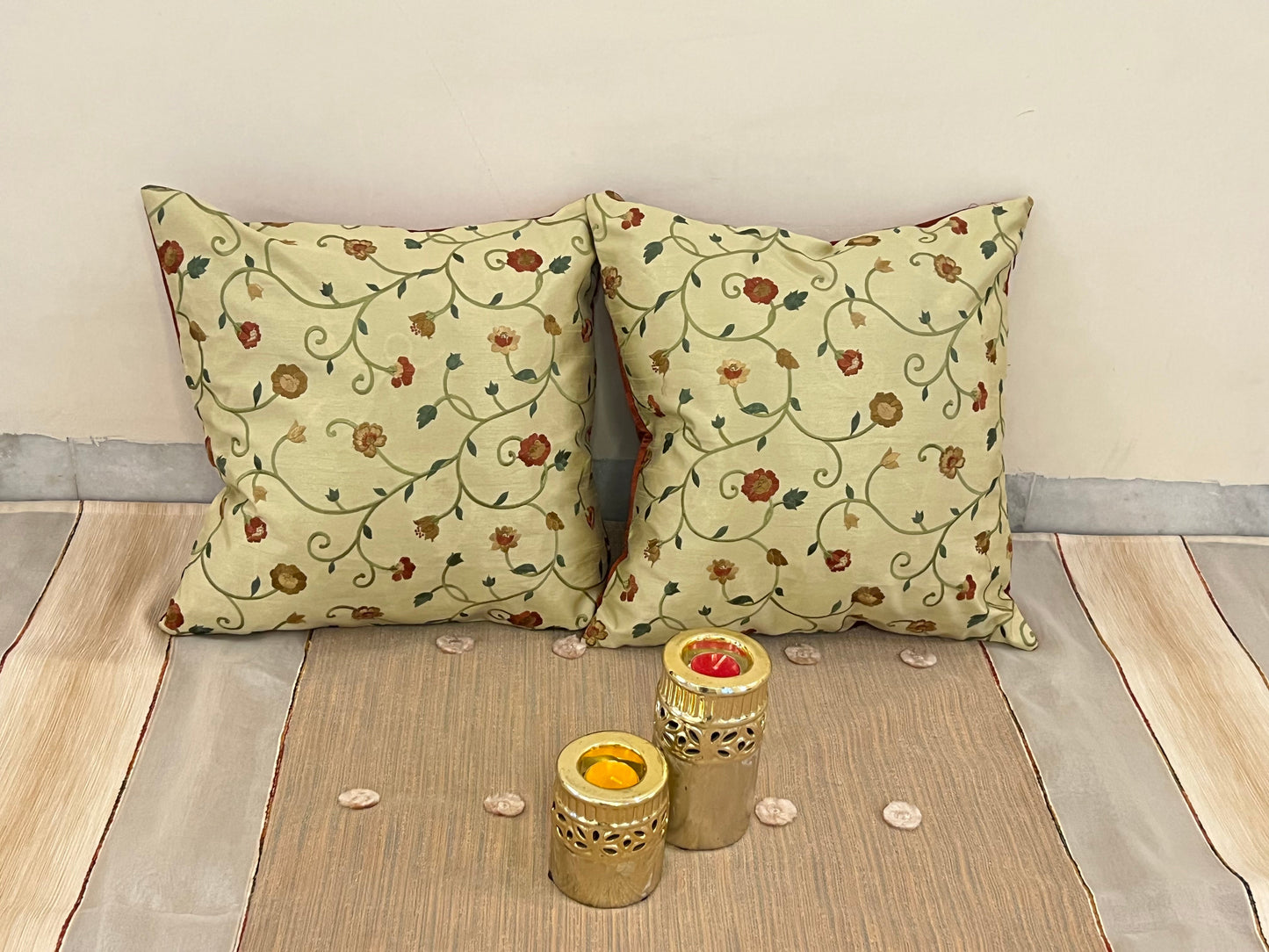 Bloom Scatter by Aetherea with Beige, Cotton, Cushion covers, Floral, Upcycled at Kamakhyaa for sustainable fashion