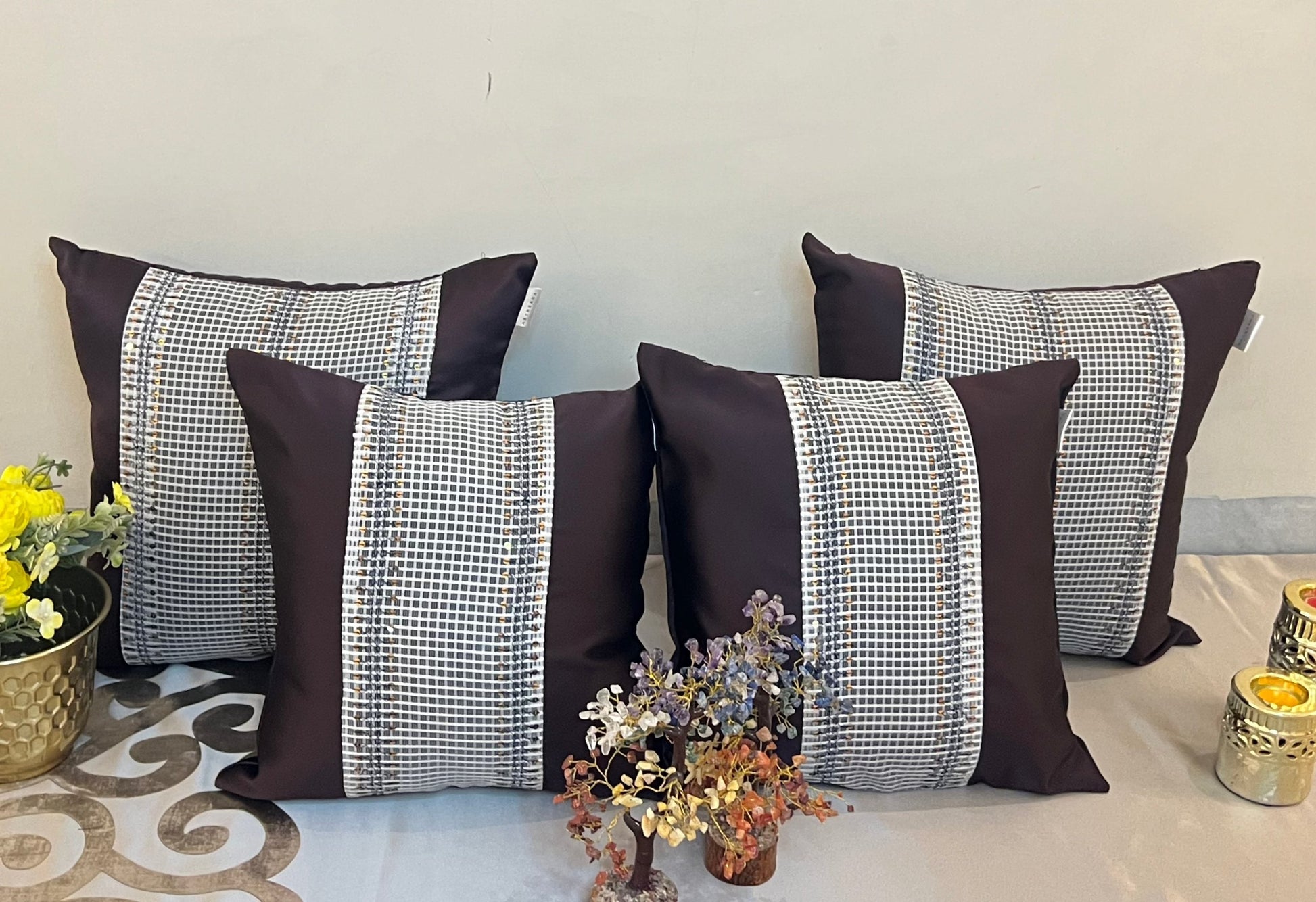 Damson by Aetherea with Cushion covers, Patchwork, Purple, Satin, Sequence, Upcycled at Kamakhyaa for sustainable fashion