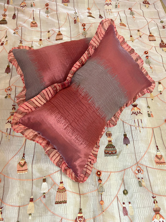 Garnet Gingham by Aetherea with Cotton, Cushion covers, Deck Cushion, Frills, Metallic, Plaids, Red, Sheer, Upcycled at Kamakhyaa for sustainable fashion