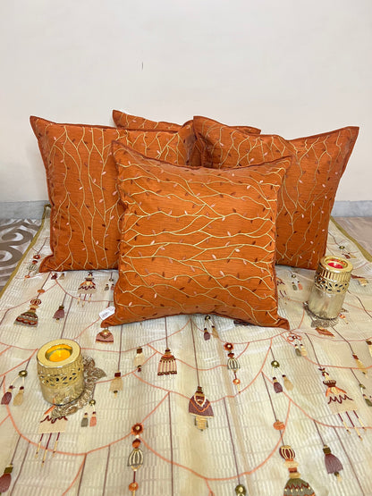 Vivid Vine by Aetherea with Cotton, Cushion covers, Leaf, Orange, Sheer, Texture, Upcycled at Kamakhyaa for sustainable fashion