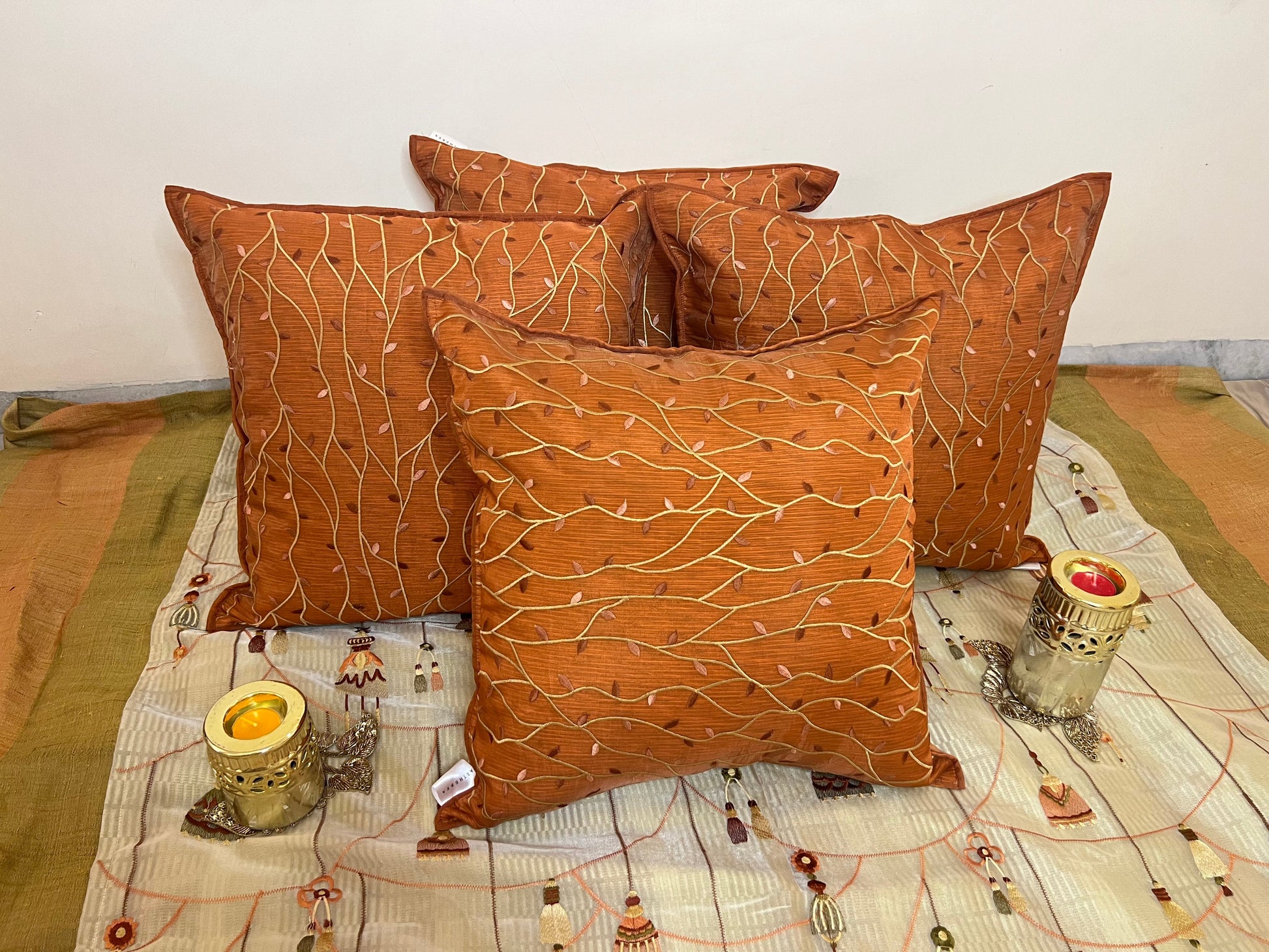 Vivid Vine by Aetherea with Cotton, Cushion covers, Leaf, Orange, Sheer, Texture, Upcycled at Kamakhyaa for sustainable fashion