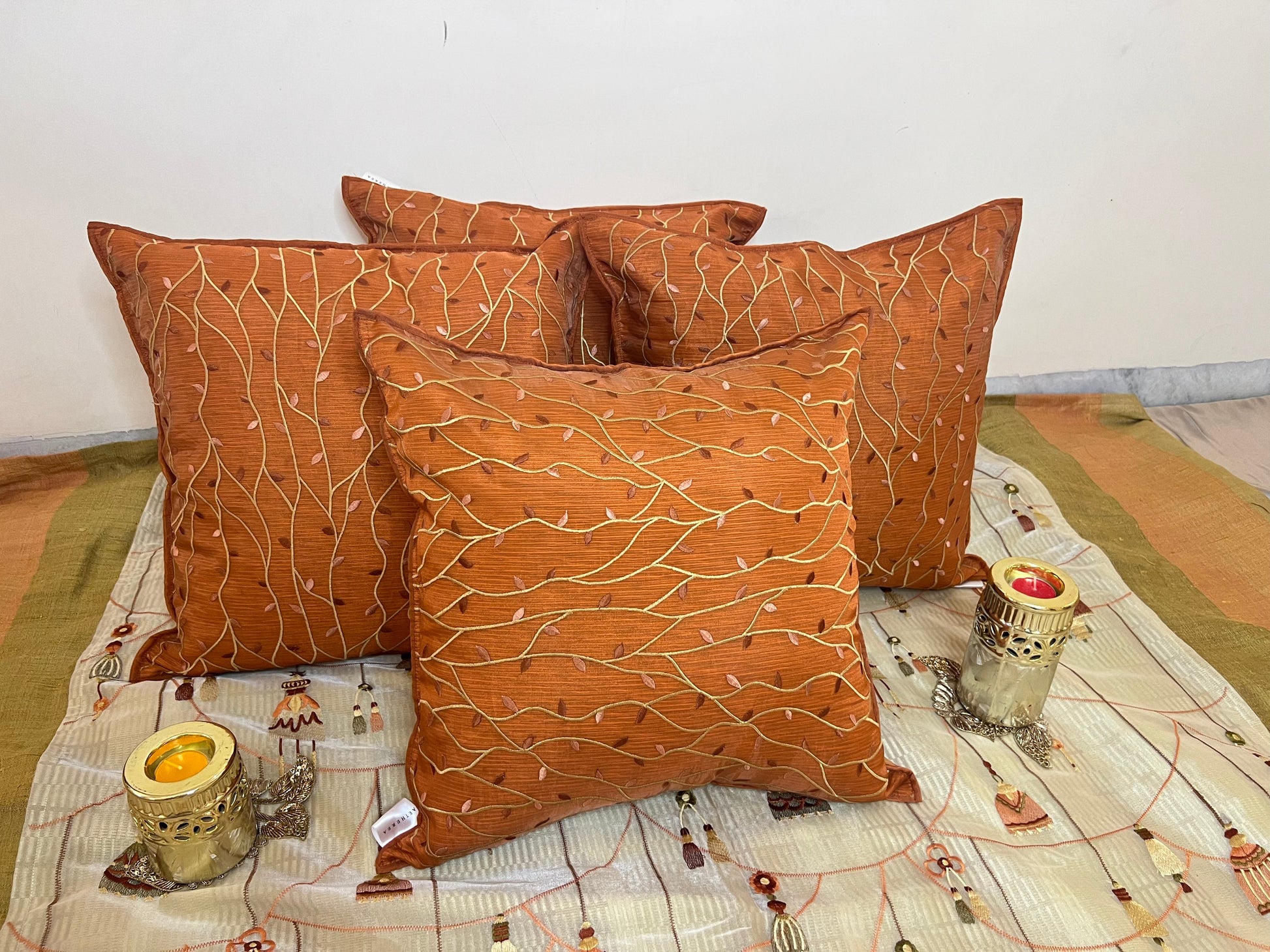 Vivid Vine by Aetherea with Cotton, Cushion covers, Leaf, Orange, Sheer, Texture, Upcycled at Kamakhyaa for sustainable fashion