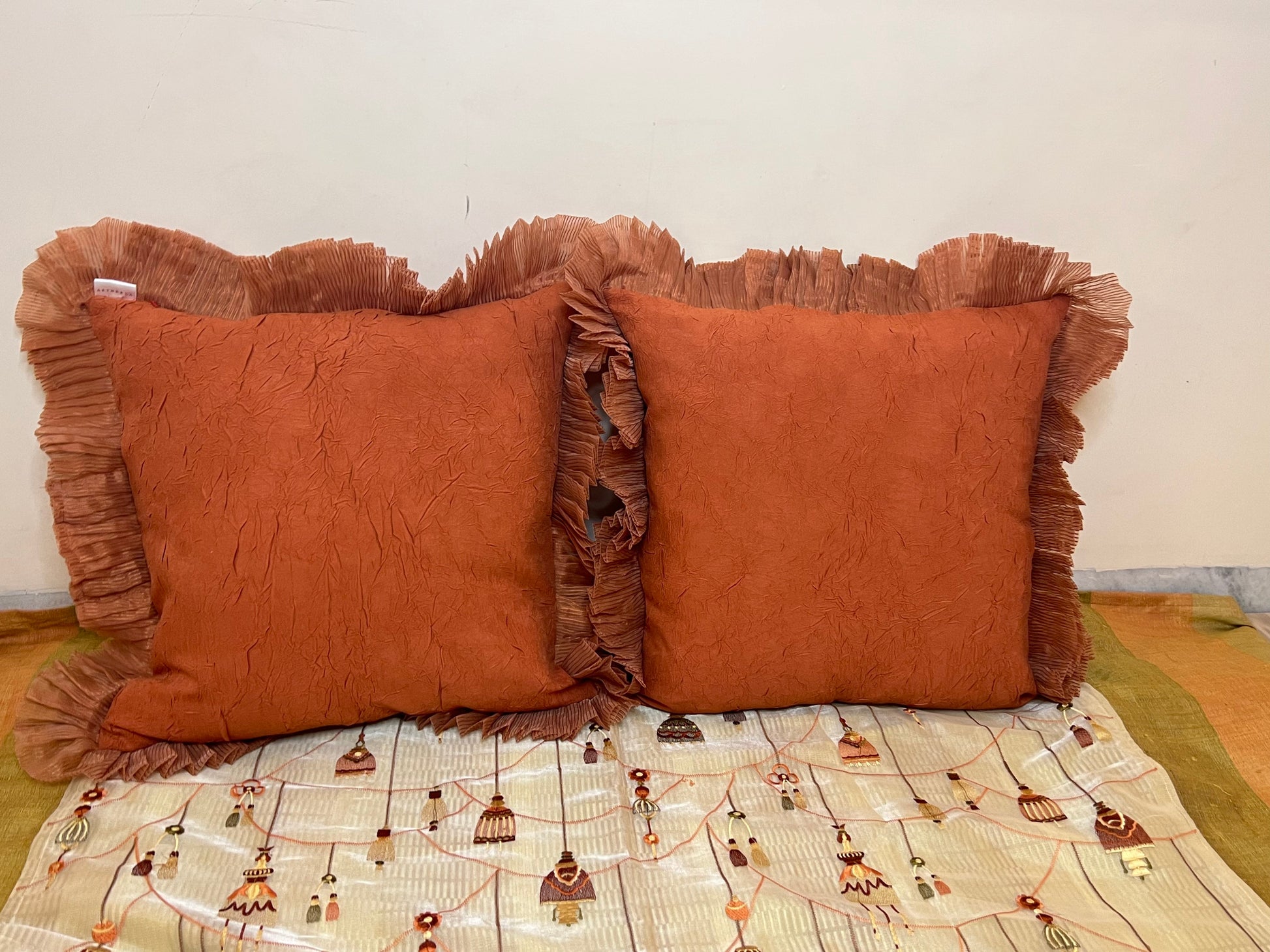 Rustic Ruffle by Aetherea with Cotton, Cushion, Cushion covers, Orange, Plain, Ruffles, Solid, Upcycled at Kamakhyaa for sustainable fashion