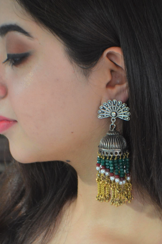 Banjara Chain Jhumkas Not Found by House Of Heer with Beaded Jewellery, Festive Jewellery, Festive Wear, Free Size, Gemstone, Handcrafted, jewelry, Jhumkas, July Sale, July Sale 2023, Mix metal, Multicolor, Natural, Pearl, Silver, Solids at Kamakhyaa for sustainable fashion