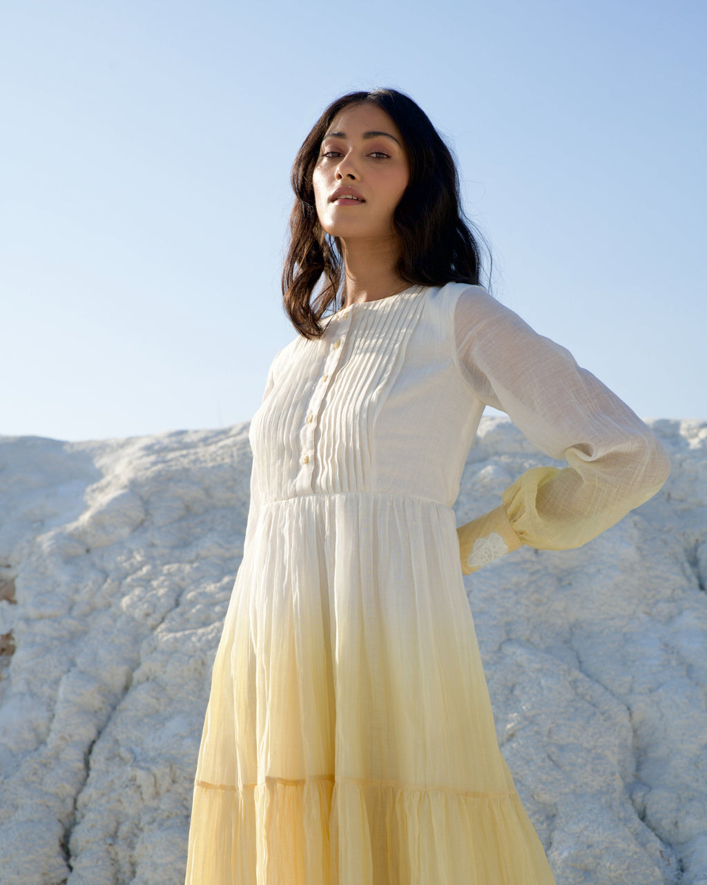 White Silk Midi Dress by The Loom Art with Aurora by The Loom Art, Best Selling, Casual Wear, Chanderi Silk, FB ADS JUNE, July Sale, July Sale 2023, Kurtas, Midi Dresses, Ombre & Dyes, Organic, Regular Fit, Tiered Dresses, White, Womenswear at Kamakhyaa for sustainable fashion