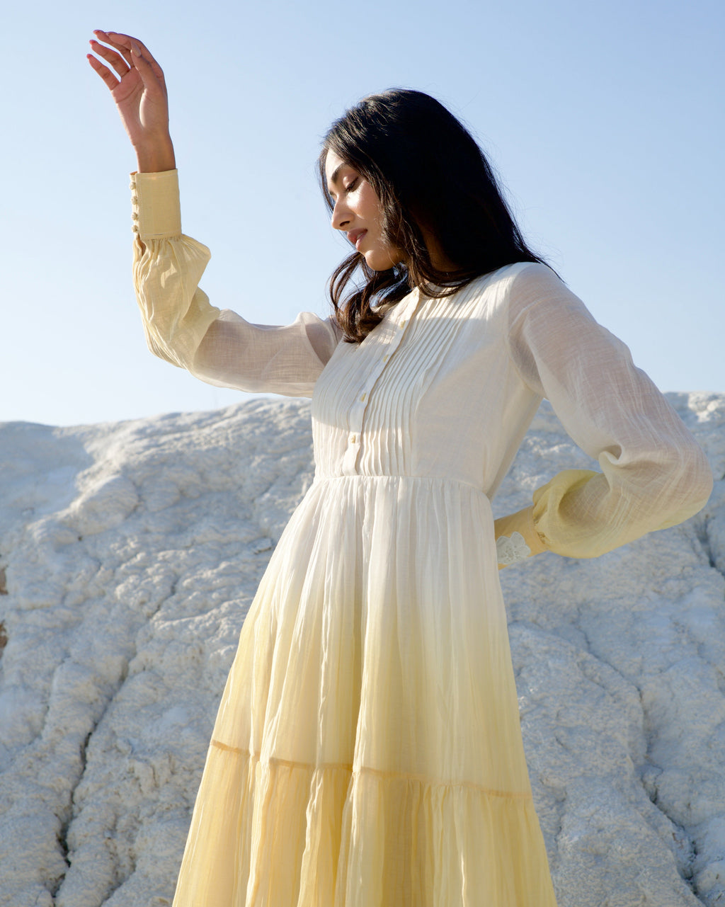 White Silk Midi Dress by The Loom Art with Aurora by The Loom Art, Best Selling, Casual Wear, Chanderi Silk, FB ADS JUNE, July Sale, July Sale 2023, Kurtas, Midi Dresses, Ombre & Dyes, Organic, Regular Fit, Tiered Dresses, White, Womenswear at Kamakhyaa for sustainable fashion