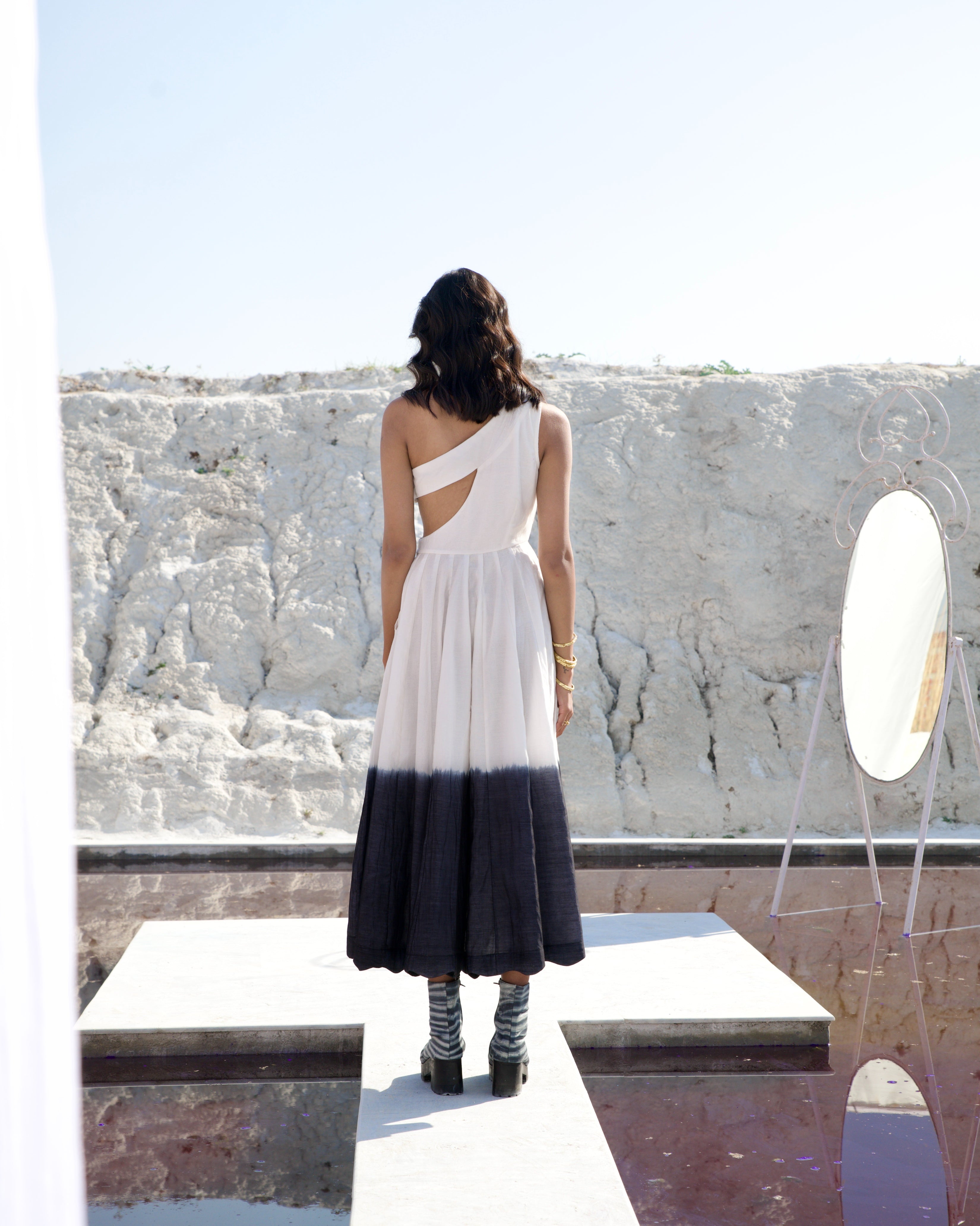 White Midi Dress by The Loom Art with Aurora by The Loom Art, Casual Wear, Chanderi Silk, July Sale, July Sale 2023, Midi Dresses, Ombre & Dyes, One Shoulder Dresses, Organic, Regular Fit, White, Womenswear at Kamakhyaa for sustainable fashion