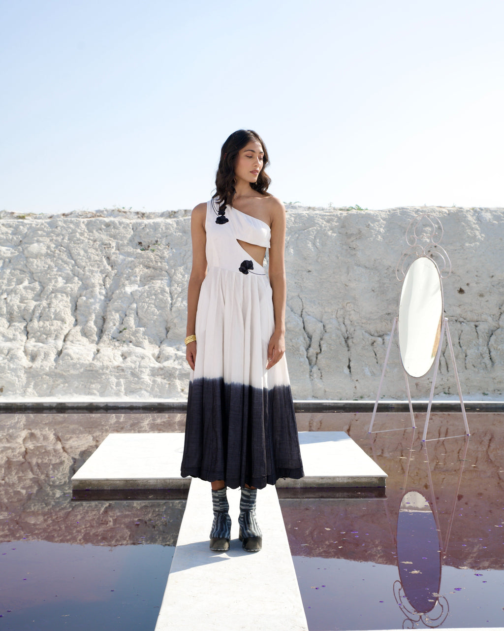 White Midi Dress by The Loom Art with Aurora by The Loom Art, Casual Wear, Chanderi Silk, July Sale, July Sale 2023, Midi Dresses, Ombre & Dyes, One Shoulder Dresses, Organic, Regular Fit, White, Womenswear at Kamakhyaa for sustainable fashion