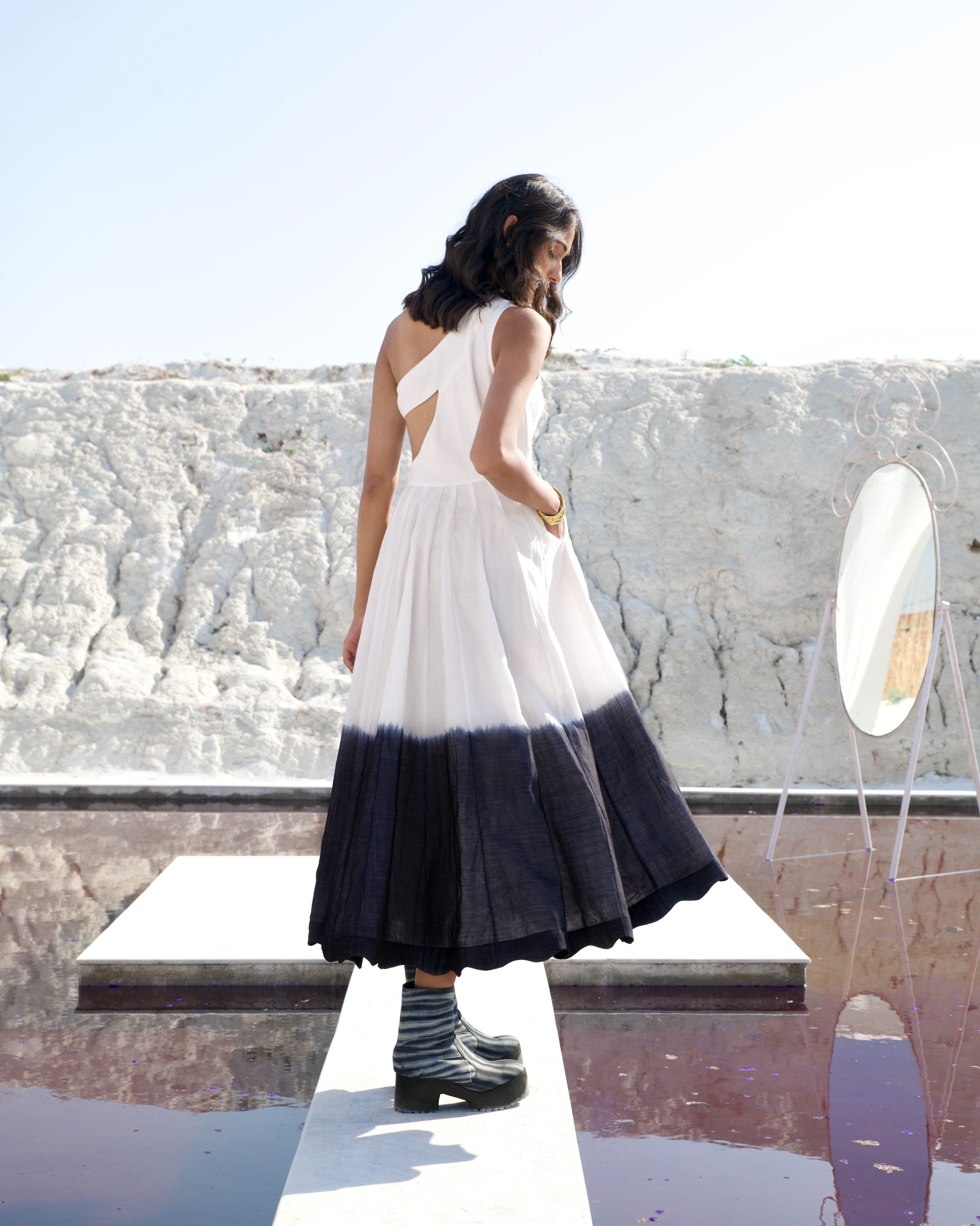 White Midi Dress by The Loom Art with Aurora by The Loom Art, Casual Wear, Chanderi Silk, July Sale, July Sale 2023, Midi Dresses, Ombre & Dyes, One Shoulder Dresses, Organic, Regular Fit, White, Womenswear at Kamakhyaa for sustainable fashion