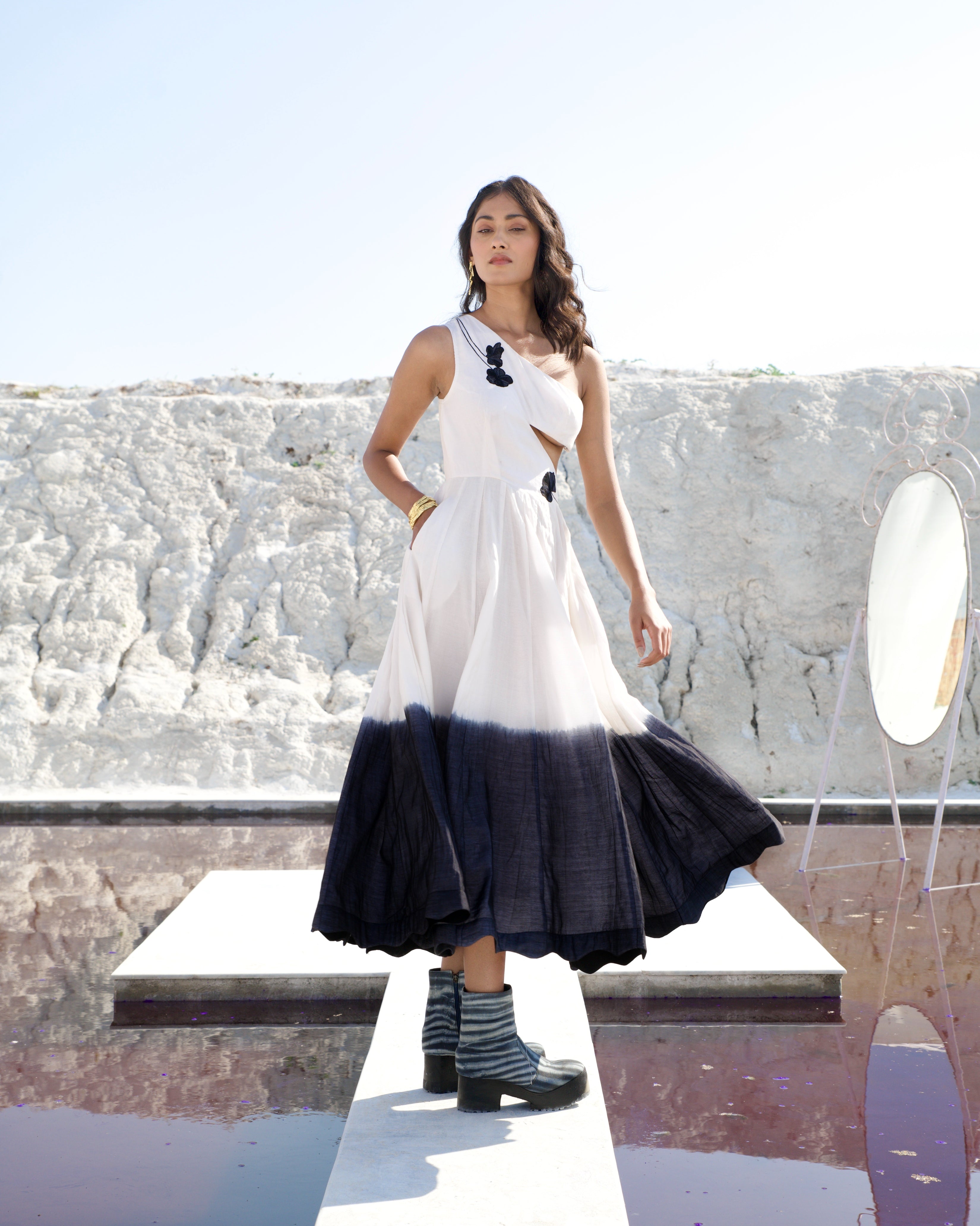 White Midi Dress by The Loom Art with Aurora by The Loom Art, Casual Wear, Chanderi Silk, July Sale, July Sale 2023, Midi Dresses, Ombre & Dyes, One Shoulder Dresses, Organic, Regular Fit, White, Womenswear at Kamakhyaa for sustainable fashion