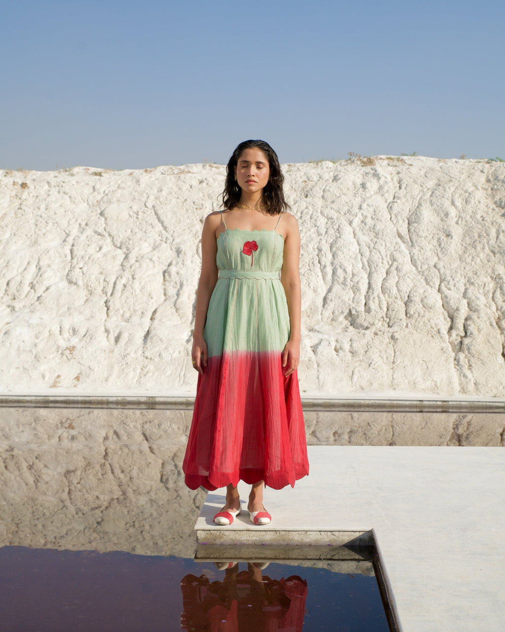 Green Silk Midi Dress by The Loom Art with Aurora by The Loom Art, Best Selling, Casual Wear, Chanderi Silk, FB ADS JUNE, Green, July Sale, July Sale 2023, Midi Dresses, Ombre & Dyes, Organic, Regular Fit, Sleeveless Dresses, Womenswear at Kamakhyaa for sustainable fashion