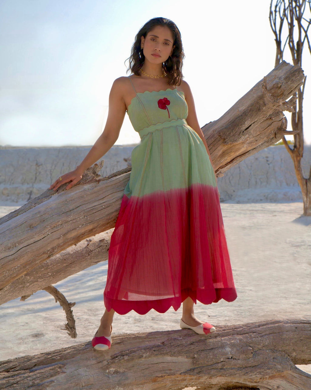 Green Silk Midi Dress by The Loom Art with Aurora by The Loom Art, Best Selling, Casual Wear, Chanderi Silk, FB ADS JUNE, Green, July Sale, July Sale 2023, Midi Dresses, Ombre & Dyes, Organic, Regular Fit, Sleeveless Dresses, Womenswear at Kamakhyaa for sustainable fashion