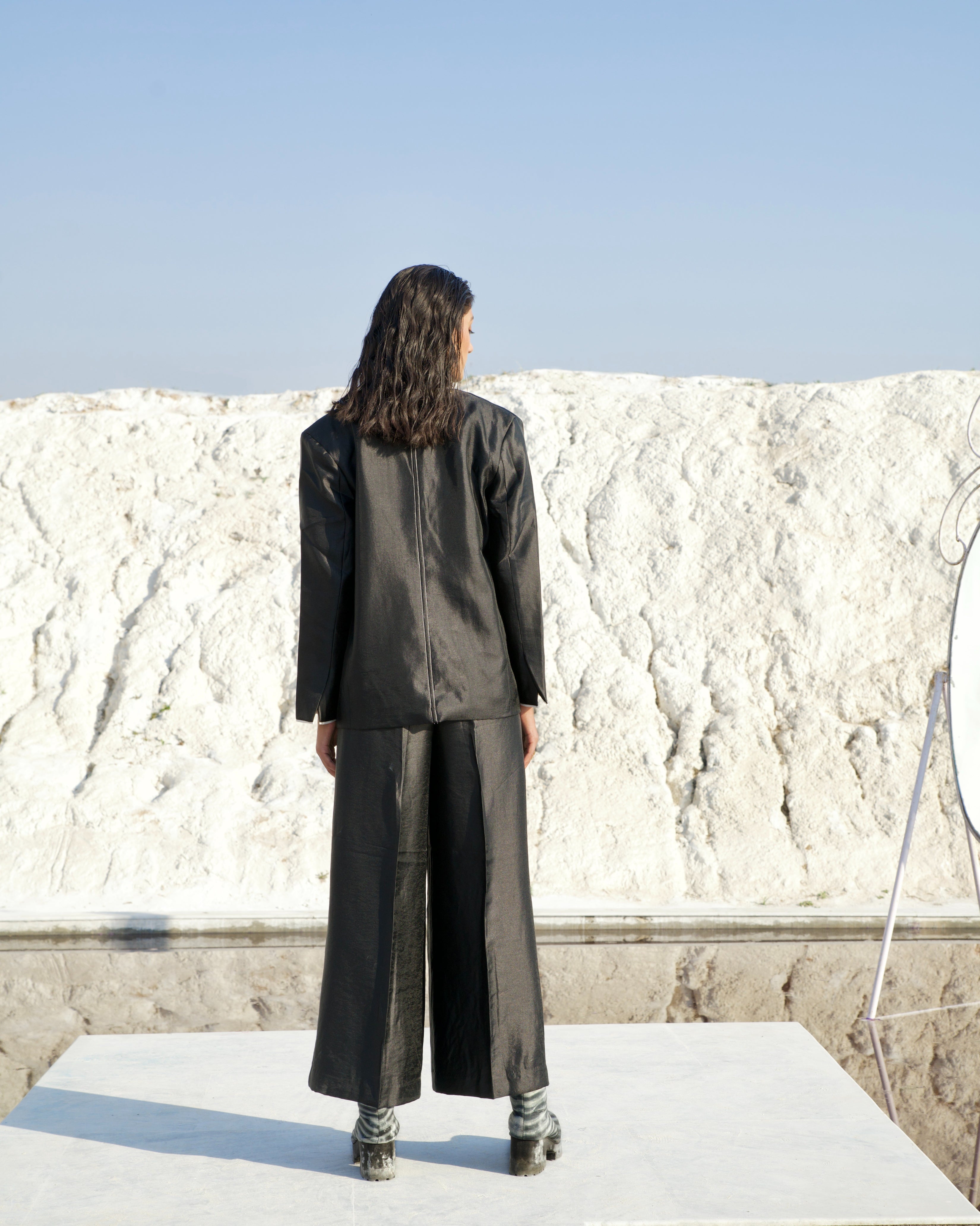 Black Silk Co-ord Set by The Loom Art with Aurora by The Loom Art, Black, Casual Wear, Chanderi Silk, Co-ord Sets, July Sale, July Sale 2023, Office, Office Wear Co-ords, Ombre & Dyes, Organic, Regular Fit, Solids, Womenswear at Kamakhyaa for sustainable fashion