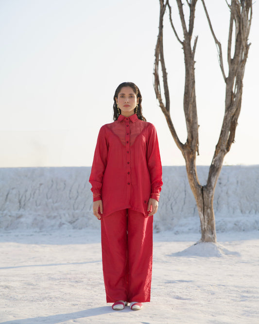 Red Silk Co-ord Set by The Loom Art with Aurora by The Loom Art, Casual Wear, Chanderi Silk, Co-ord Sets, July Sale, July Sale 2023, Lounge Wear Co-ords, Office, Office Wear, Office Wear Co-ords, Ombre & Dyes, Organic, Red, Relaxed Fit, Solids, Womenswear at Kamakhyaa for sustainable fashion