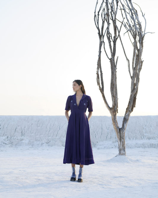 Blue Silk Midi Dress by The Loom Art with Aurora by The Loom Art, Blue, Casual Wear, Chanderi Silk, Embroidered, July Sale, July Sale 2023, Midi Dresses, Ombre & Dyes, Organic, Regular Fit, Solids, Womenswear at Kamakhyaa for sustainable fashion