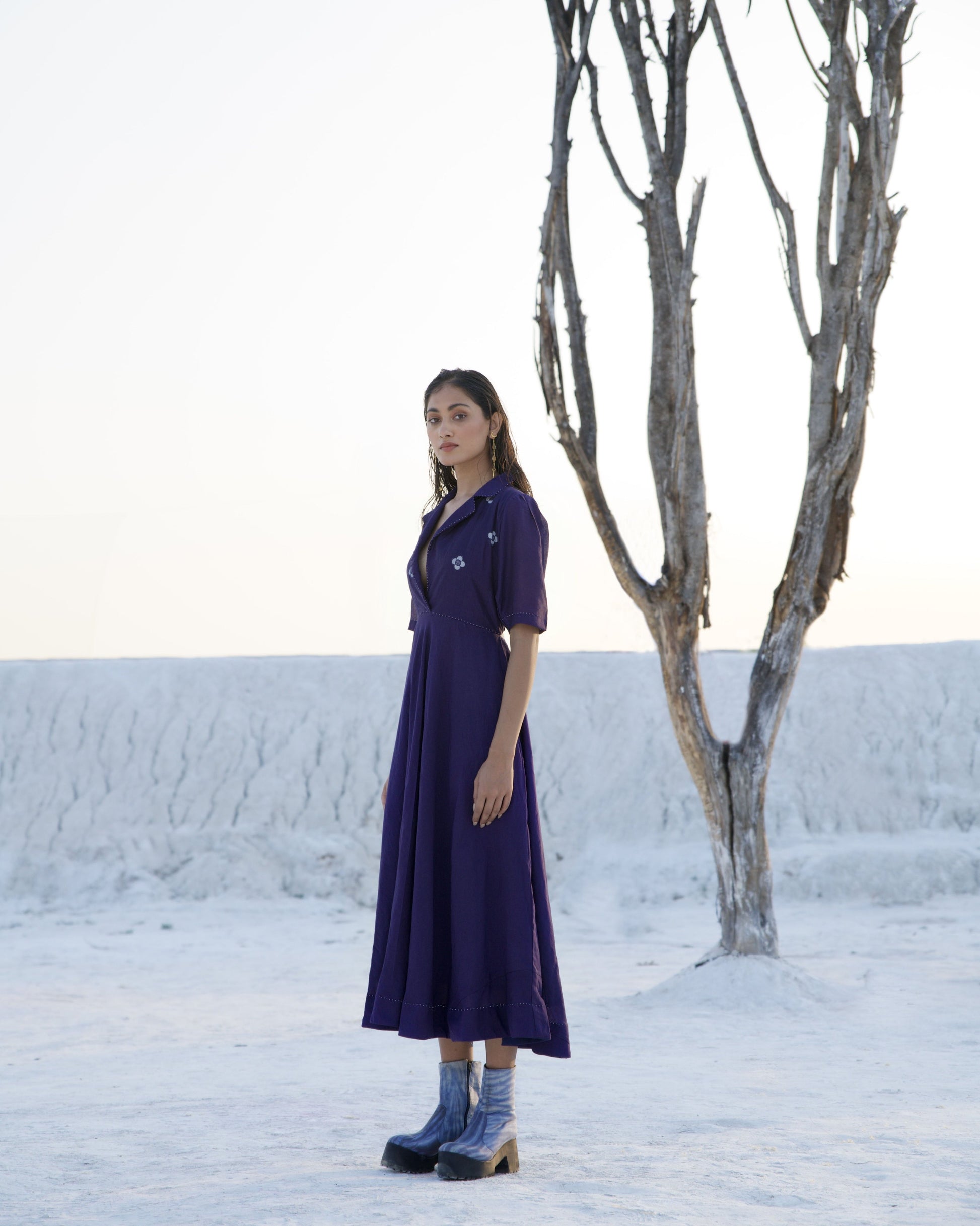 Blue Silk Midi Dress by The Loom Art with Aurora by The Loom Art, Blue, Casual Wear, Chanderi Silk, Embroidered, July Sale, July Sale 2023, Midi Dresses, Ombre & Dyes, Organic, Regular Fit, Solids, Womenswear at Kamakhyaa for sustainable fashion