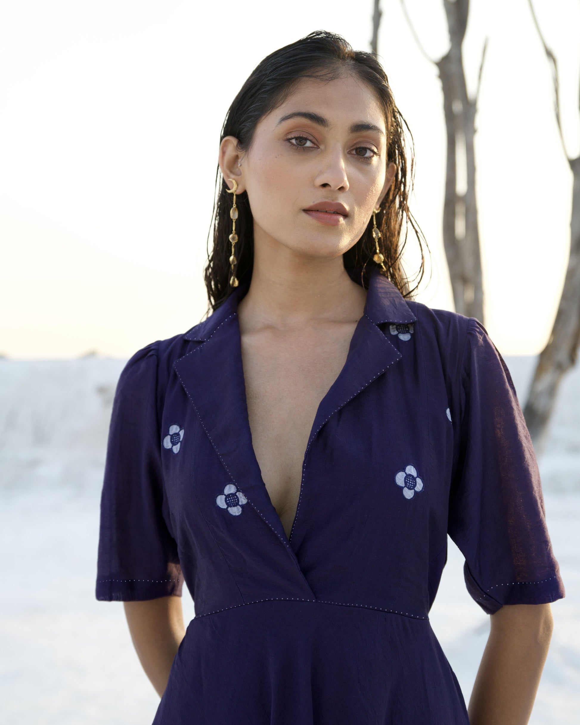 Blue Silk Midi Dress by The Loom Art with Aurora by The Loom Art, Blue, Casual Wear, Chanderi Silk, Embroidered, July Sale, July Sale 2023, Midi Dresses, Ombre & Dyes, Organic, Regular Fit, Solids, Womenswear at Kamakhyaa for sustainable fashion