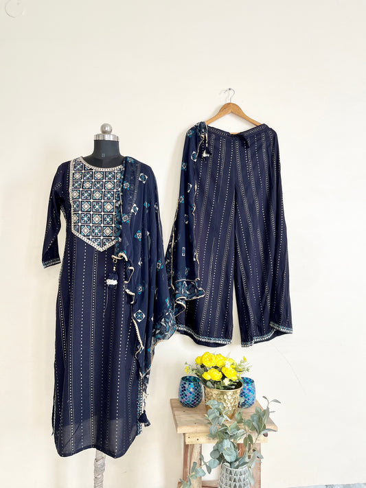 Blue Embroidered Kurta Set With Dupatta by Indian Wear with Blue, Cotton, Embroidered, Ethnic Wear, Kurta Pant Sets, Kurta Set with Dupattas, Natural, Prints, Regular Fit, Womenswear at Kamakhyaa for sustainable fashion