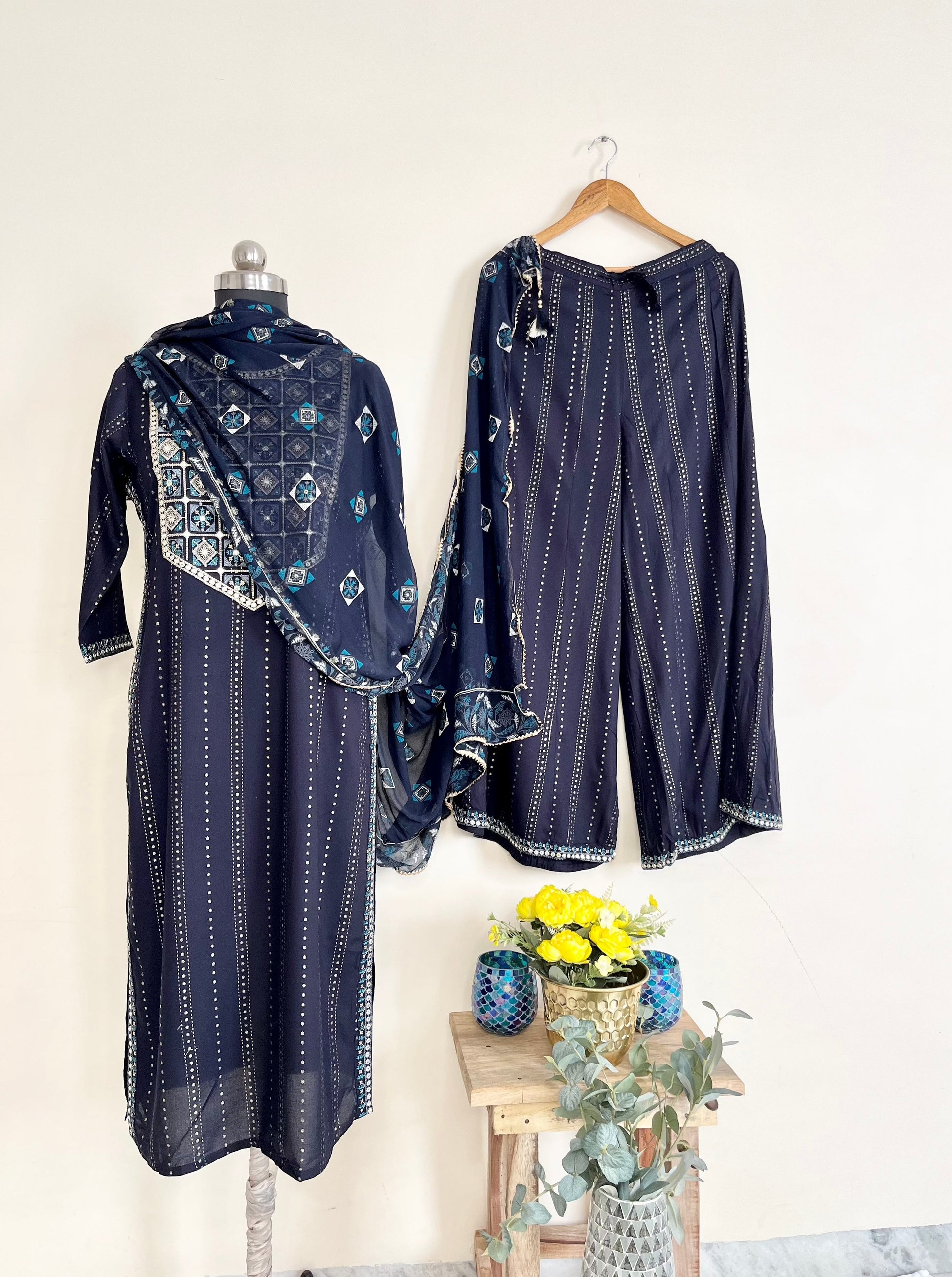 Blue Embroidered Kurta Set With Dupatta by Indian Wear with Blue, Cotton, Embroidered, Ethnic Wear, Kurta Pant Sets, Kurta Set with Dupattas, Natural, Prints, Regular Fit, Womenswear at Kamakhyaa for sustainable fashion
