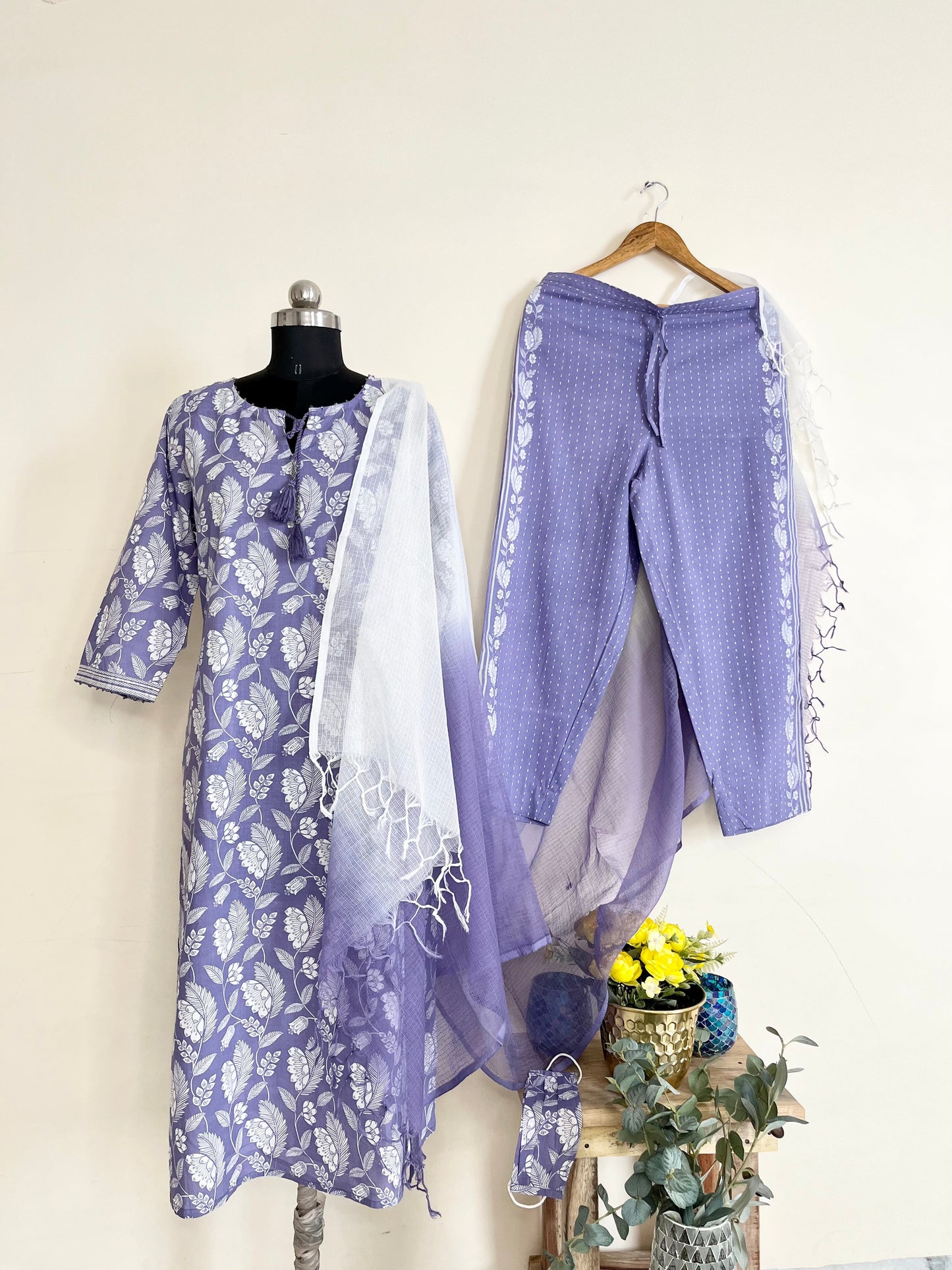 Purple Cotton Kurta Set With Mask by Indian Wear with Cotton, Ethnic Wear, Kurta Pant Sets, Kurta Set with Dupattas, Natural, Prints, Purple, Regular Fit, Womenswear at Kamakhyaa for sustainable fashion
