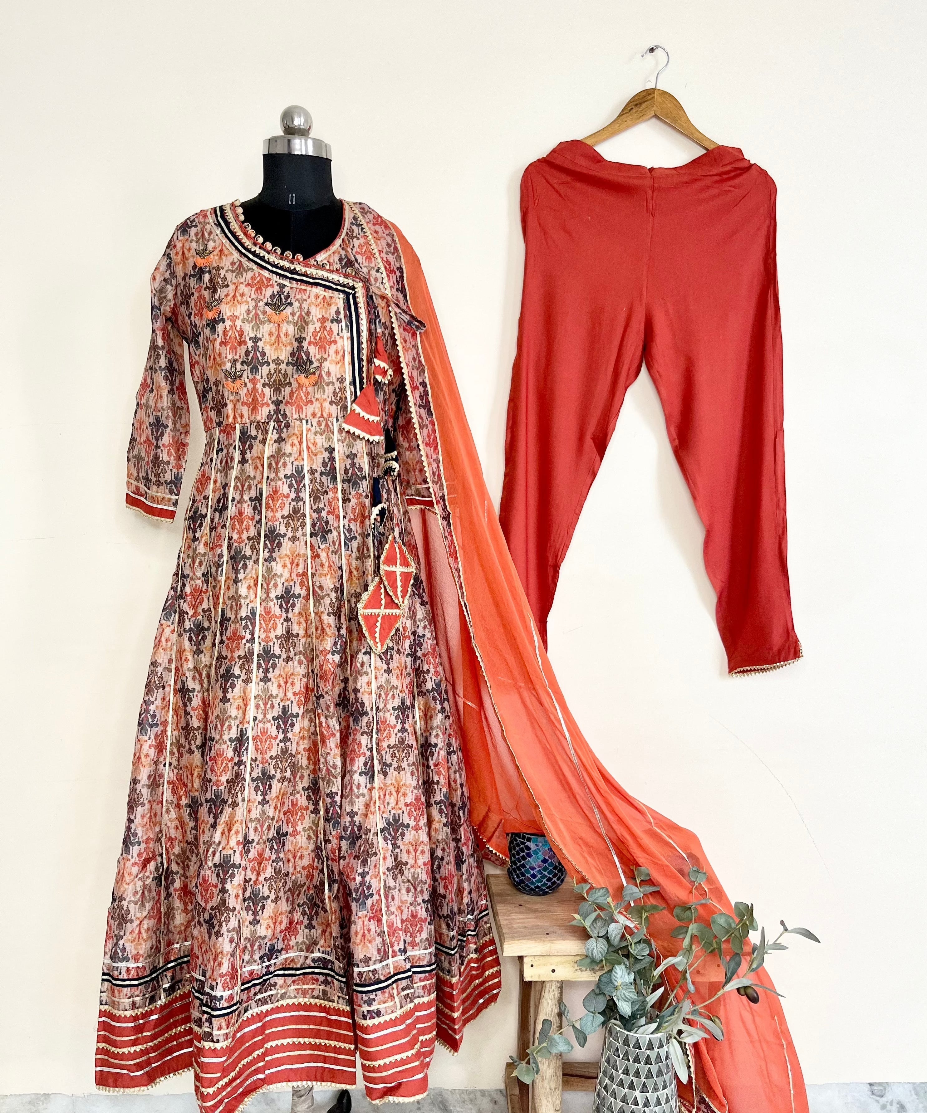 Orange Multicolor Embroidered Kurta Set With Dupatta by Indian Wear with Embroidered, Ethnic Wear, Festive Wear, Kurta Pant Sets, Kurta Set with Dupattas, Multicolor, Natural, Orange, Regular Fit, Womenswear at Kamakhyaa for sustainable fashion