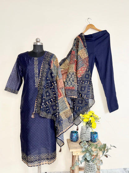 Blue Kantha Kurta Set With Dupatta by Indian Wear with Blue, Casual Wear, Chanderi, Cotton, Ethnic Wear, Kurta Pant Sets, Kurta Set with Dupattas, Natural, Regular Fit, Womenswear at Kamakhyaa for sustainable fashion