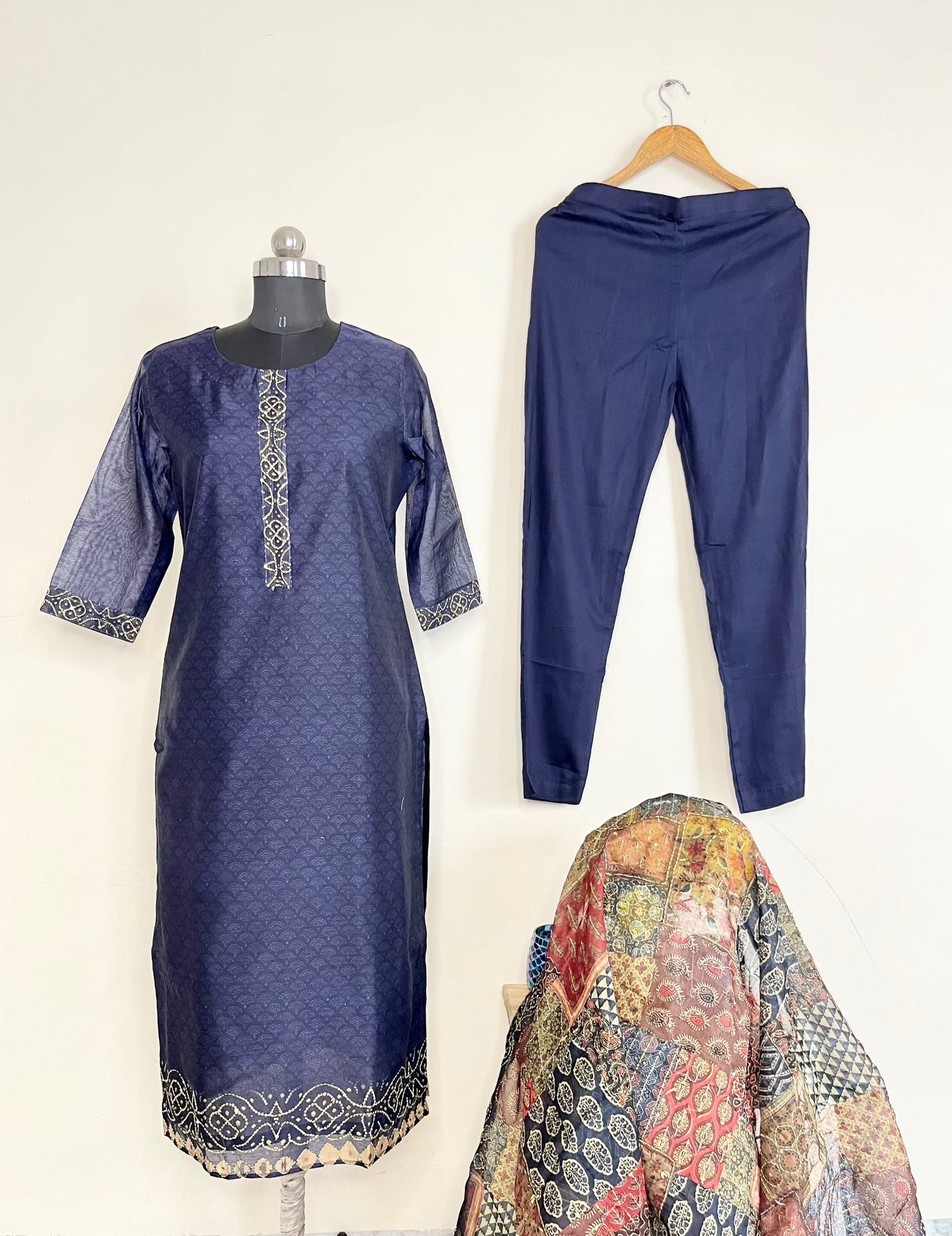 Blue Kantha Kurta Set With Dupatta by Indian Wear with Blue, Casual Wear, Chanderi, Cotton, Ethnic Wear, Kurta Pant Sets, Kurta Set with Dupattas, Natural, Regular Fit, Womenswear at Kamakhyaa for sustainable fashion