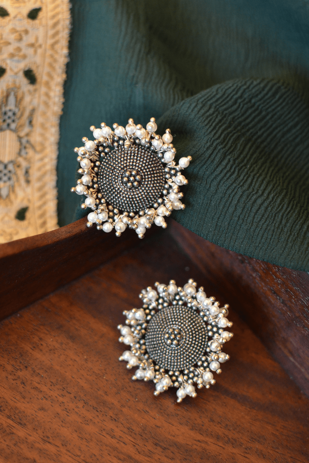 Silver Earrings Gardishi Pearl by House Of Heer with Alloy Metal, Festive Jewellery, Festive Wear, Free Size, jewelry, July Sale, July Sale 2023, Less than $50, Long Earrings, Natural, Pearl, Silver, Solids, Textured at Kamakhyaa for sustainable fashion
