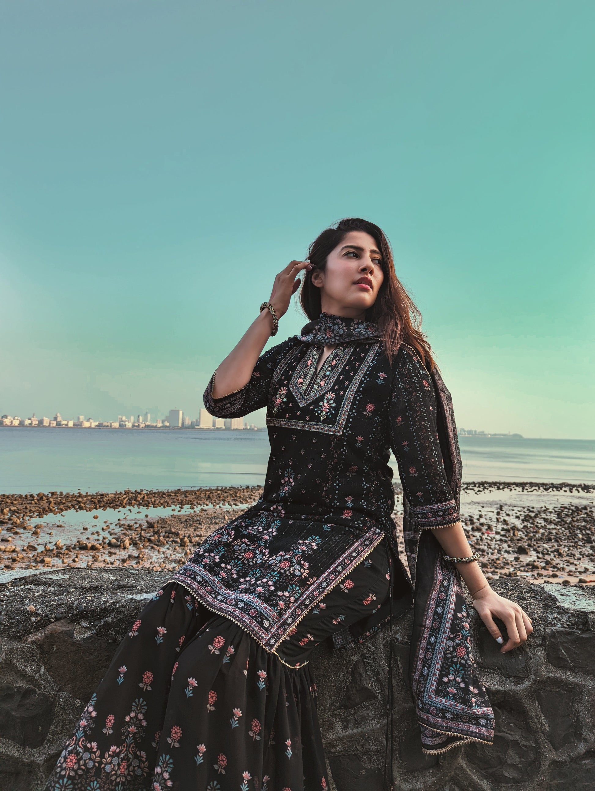 Black Sharara Set by Indian Wear with Black, Ethnic Wear, Georgette, Natural, Prints, Regular Fit, Sharara Sets, Shararas, Womenswear at Kamakhyaa for sustainable fashion