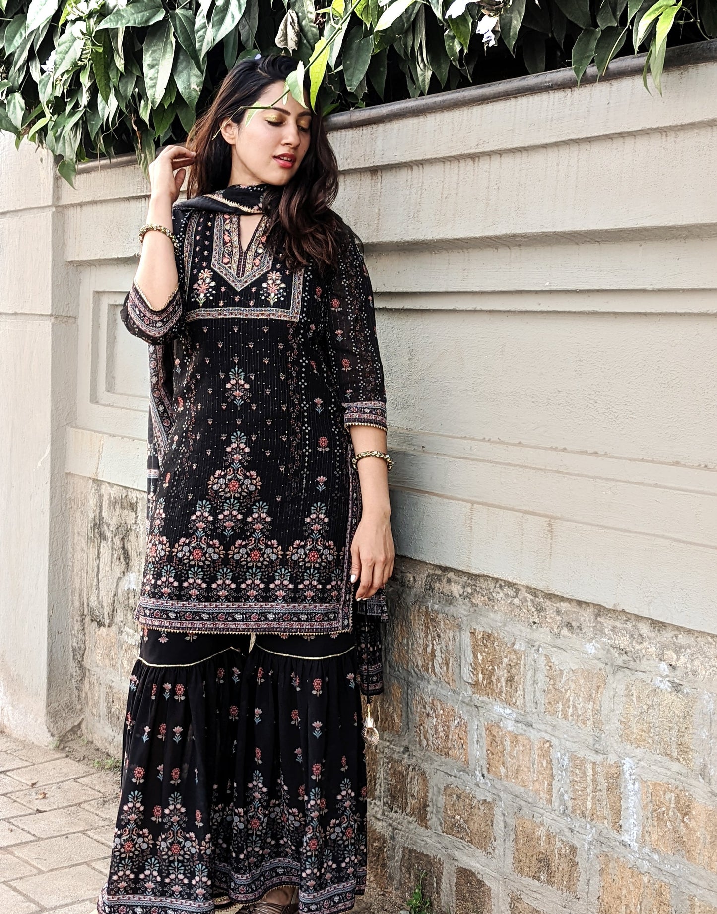 Black Sharara Set by Indian Wear with Black, Ethnic Wear, Georgette, Natural, Prints, Regular Fit, Sharara Sets, Shararas, Womenswear at Kamakhyaa for sustainable fashion