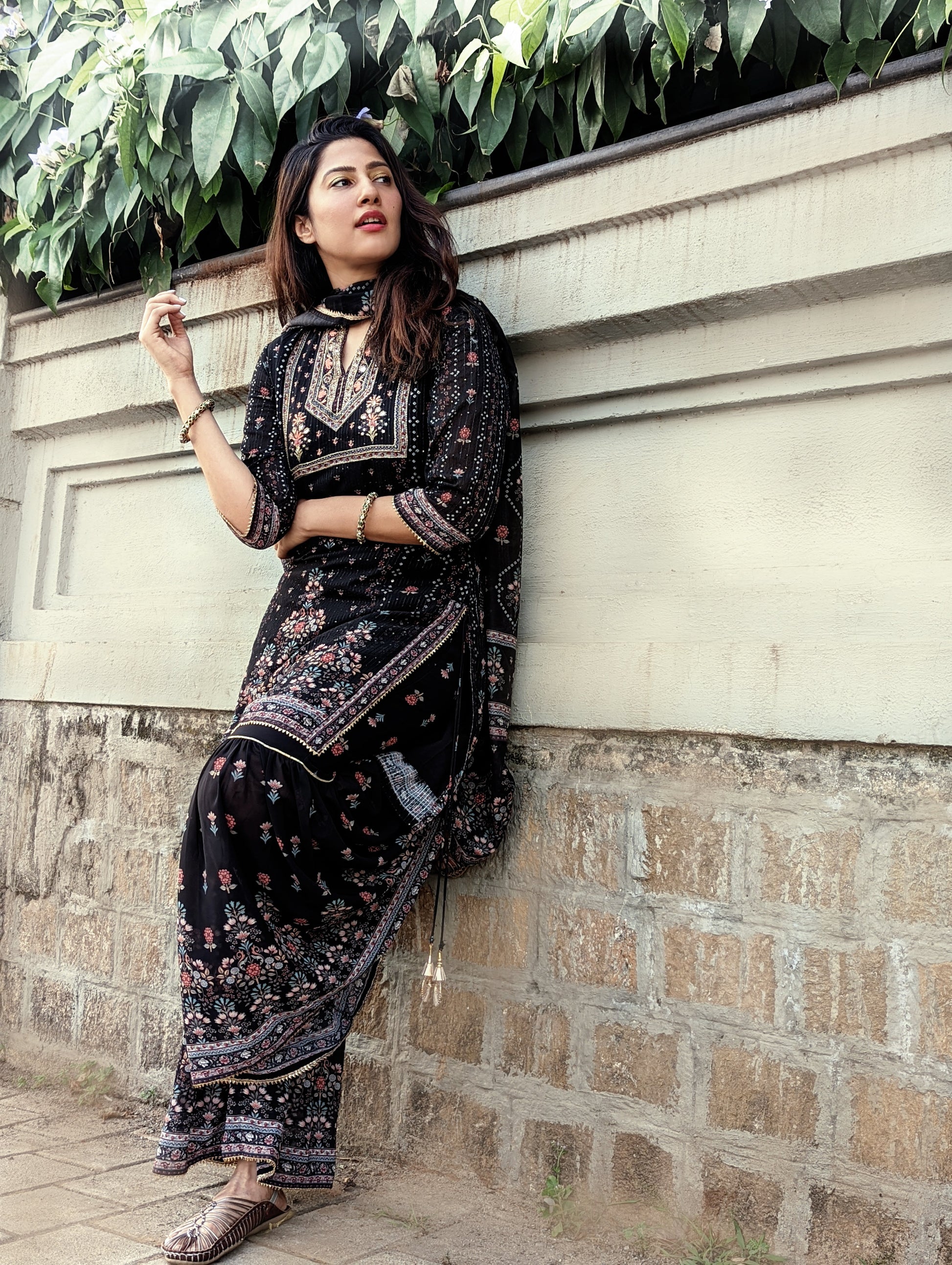 Black Sharara Set by Indian Wear with Black, Ethnic Wear, Georgette, Natural, Prints, Regular Fit, Sharara Sets, Shararas, Womenswear at Kamakhyaa for sustainable fashion