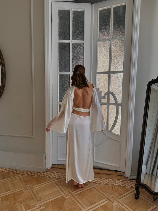 Serene Silky Long Robe With Open Back by Angie's Showroom with Angies Showroom, Burgundy, Emerald, Gold, khaki, Light Blue, Light gold, Light Pink, lingerie, Navy, Plus size, Purple, Regular Fit, robe, sleep wear, Solids, Viscose, White, Womenswear at Kamakhyaa for sustainable fashion