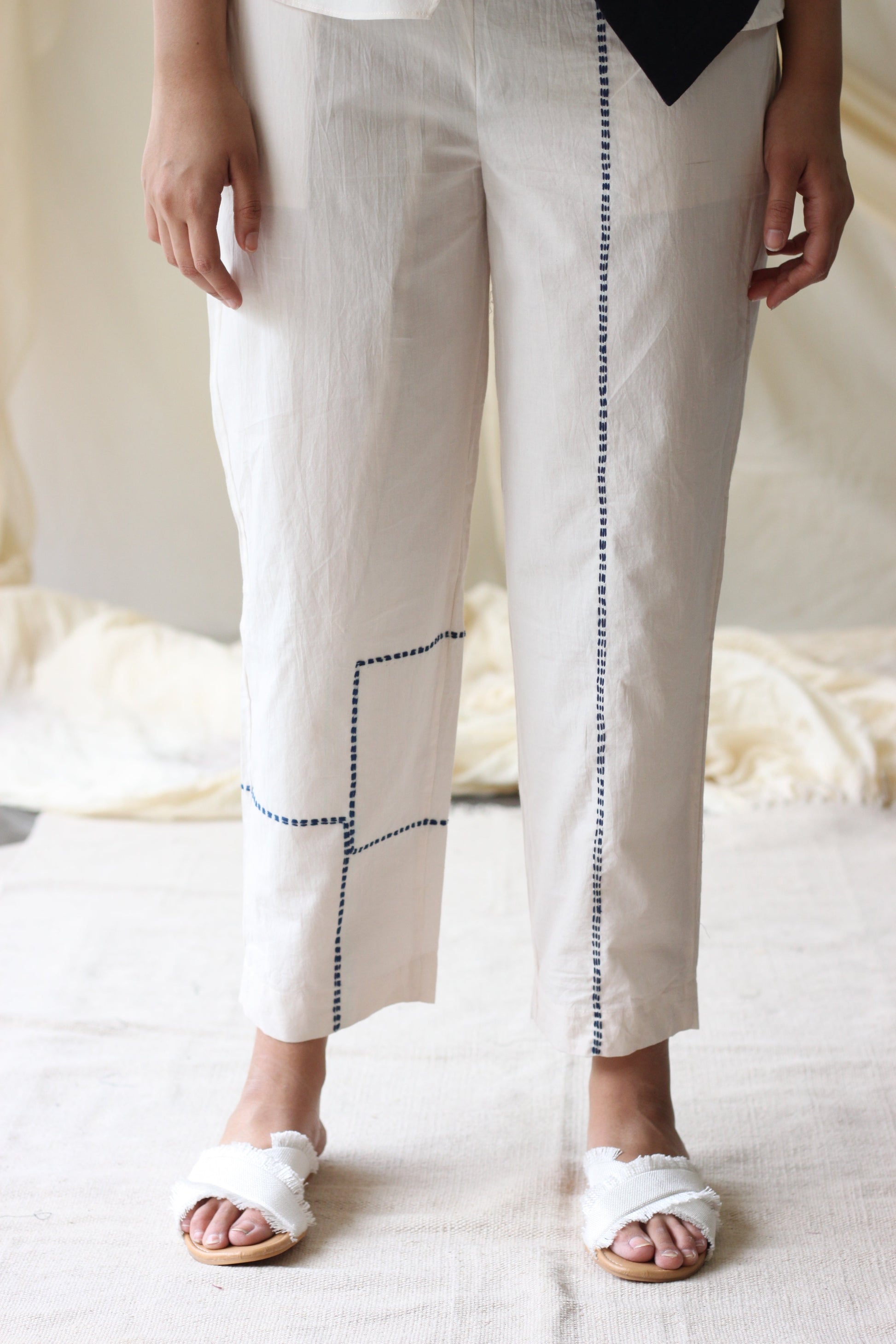 White Embroidered Pants by Chambray & Co. with Casual Wear, Cotton, Embroidered, Natural, Pants, Regular Fit, Render by Chambray & Co., Solids, White, Womenswear at Kamakhyaa for sustainable fashion