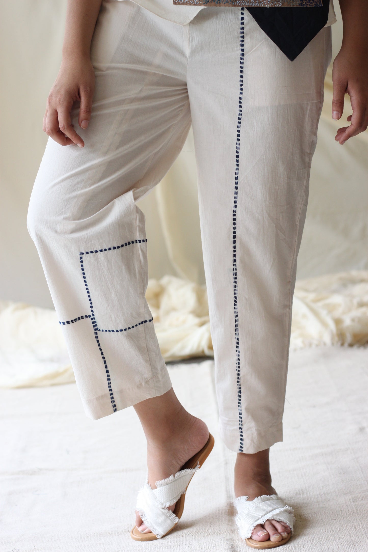 White Embroidered Pants by Chambray & Co. with Casual Wear, Cotton, Embroidered, Natural, Pants, Regular Fit, Render by Chambray & Co., Solids, White, Womenswear at Kamakhyaa for sustainable fashion