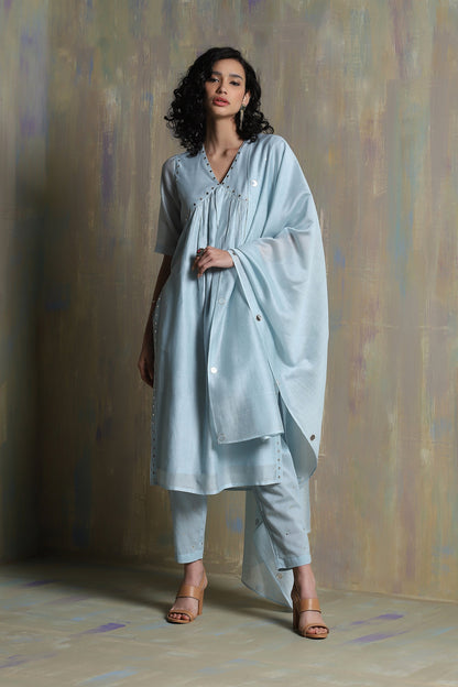 Cool Blue High Slit Kurta Set - Set of 3 by Charkhee with Blue, Chanderi, Cotton, Festive Wear, Indian Wear, Kurta Pant Sets, Kurta Set With Dupatta, Natural, Regular Fit, Solids, Tyohaar II by Charkhee, Womenswear at Kamakhyaa for sustainable fashion