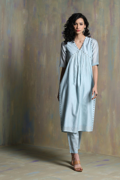 Cool Blue High Slit Kurta Set - Set of 3 by Charkhee with Blue, Chanderi, Cotton, Festive Wear, Indian Wear, Kurta Pant Sets, Kurta Set With Dupatta, Natural, Regular Fit, Solids, Tyohaar II by Charkhee, Womenswear at Kamakhyaa for sustainable fashion