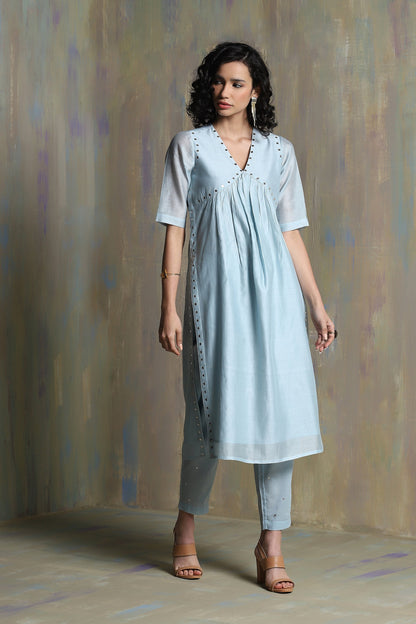 Cool Blue High Slit Kurta Set - Set of 3 by Charkhee with Blue, Chanderi, Cotton, Festive Wear, Indian Wear, Kurta Pant Sets, Kurta Set With Dupatta, Natural, Regular Fit, Solids, Tyohaar II by Charkhee, Womenswear at Kamakhyaa for sustainable fashion