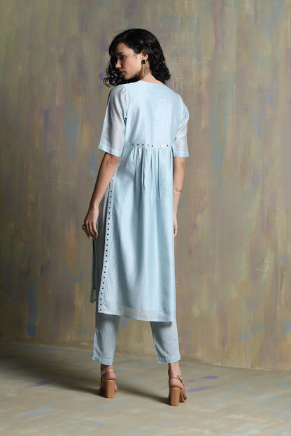 Cool Blue High Slit Kurta Set - Set of 3 by Charkhee with Blue, Chanderi, Cotton, Festive Wear, Indian Wear, Kurta Pant Sets, Kurta Set With Dupatta, Natural, Regular Fit, Solids, Tyohaar II by Charkhee, Womenswear at Kamakhyaa for sustainable fashion