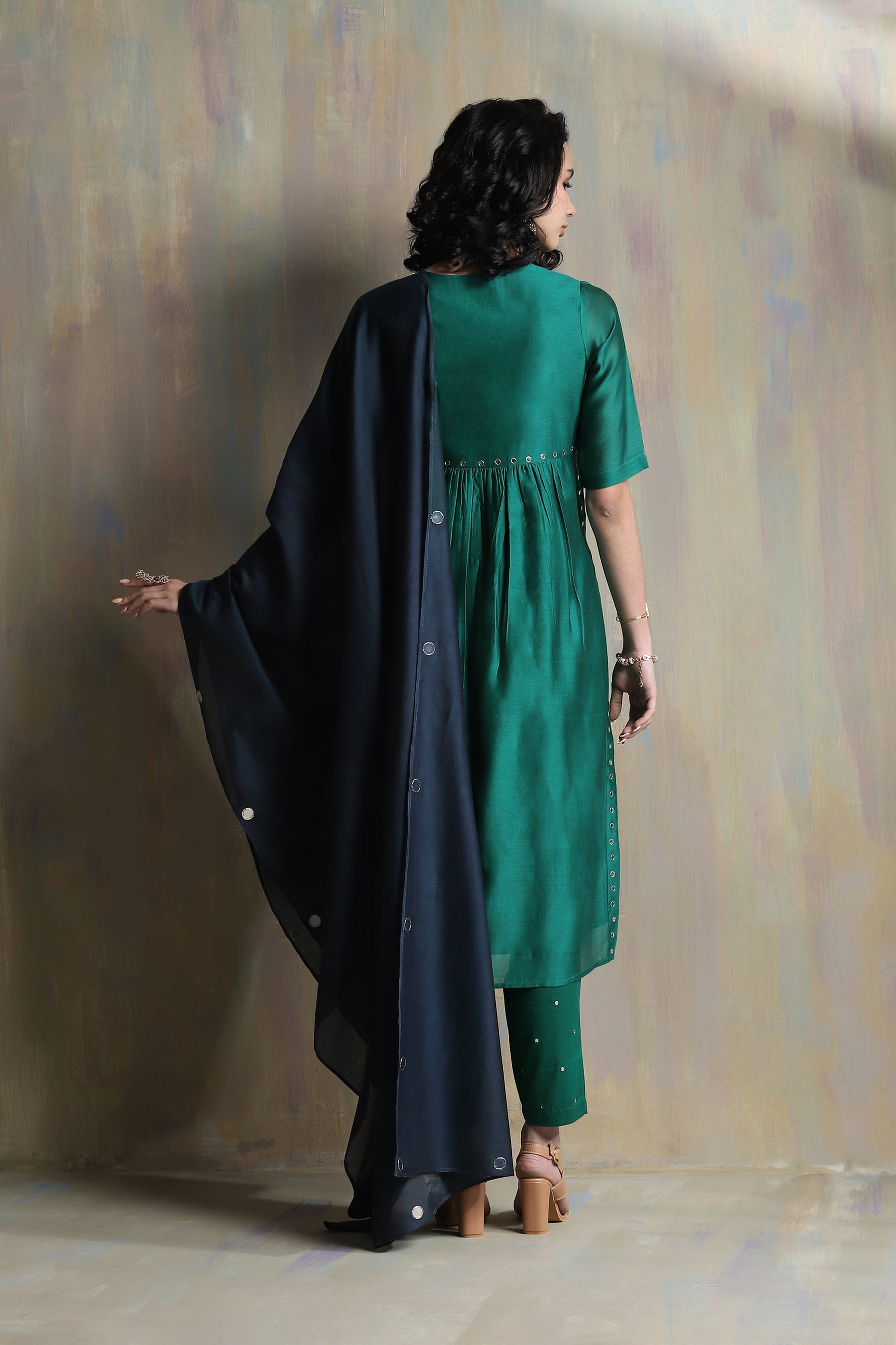 Emerald Green High Slit Kurta Set - Set of 3 by Charkhee with Chanderi, Cotton, Festive Wear, Green, Indian Wear, Kurta Pant Sets, Kurta Set With Dupatta, Natural, Regular Fit, Solids, Tyohaar II by Charkhee, Womenswear at Kamakhyaa for sustainable fashion