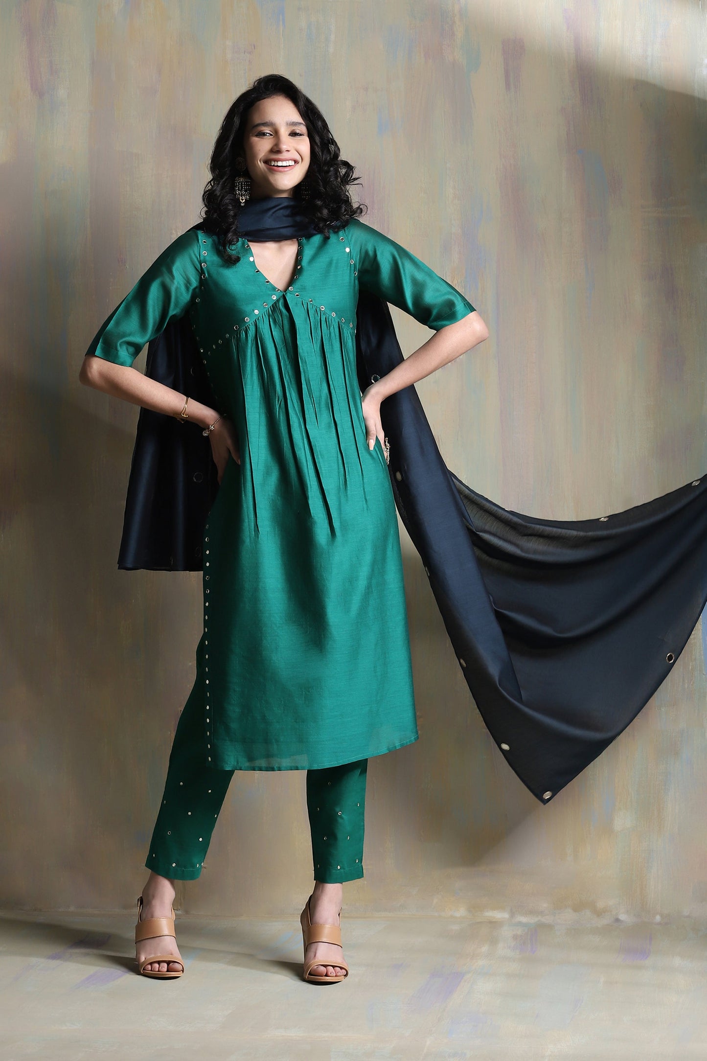 Emerald Green High Slit Kurta Set - Set of 3 by Charkhee with Chanderi, Cotton, Festive Wear, Green, Indian Wear, Kurta Pant Sets, Kurta Set With Dupatta, Natural, Regular Fit, Solids, Tyohaar II by Charkhee, Womenswear at Kamakhyaa for sustainable fashion