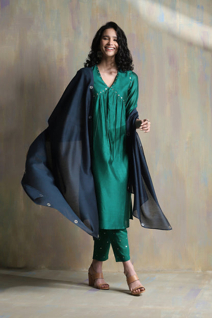 Emerald Green High Slit Kurta Set - Set of 3 by Charkhee with Chanderi, Cotton, Festive Wear, Green, Indian Wear, Kurta Pant Sets, Kurta Set With Dupatta, Natural, Regular Fit, Solids, Tyohaar II by Charkhee, Womenswear at Kamakhyaa for sustainable fashion